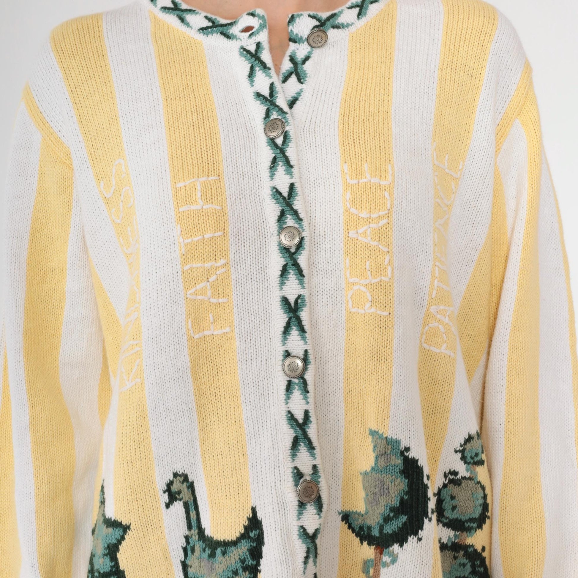 90s Quacker Factory Cardigan Yellow White Striped Topiary Cotton Medium