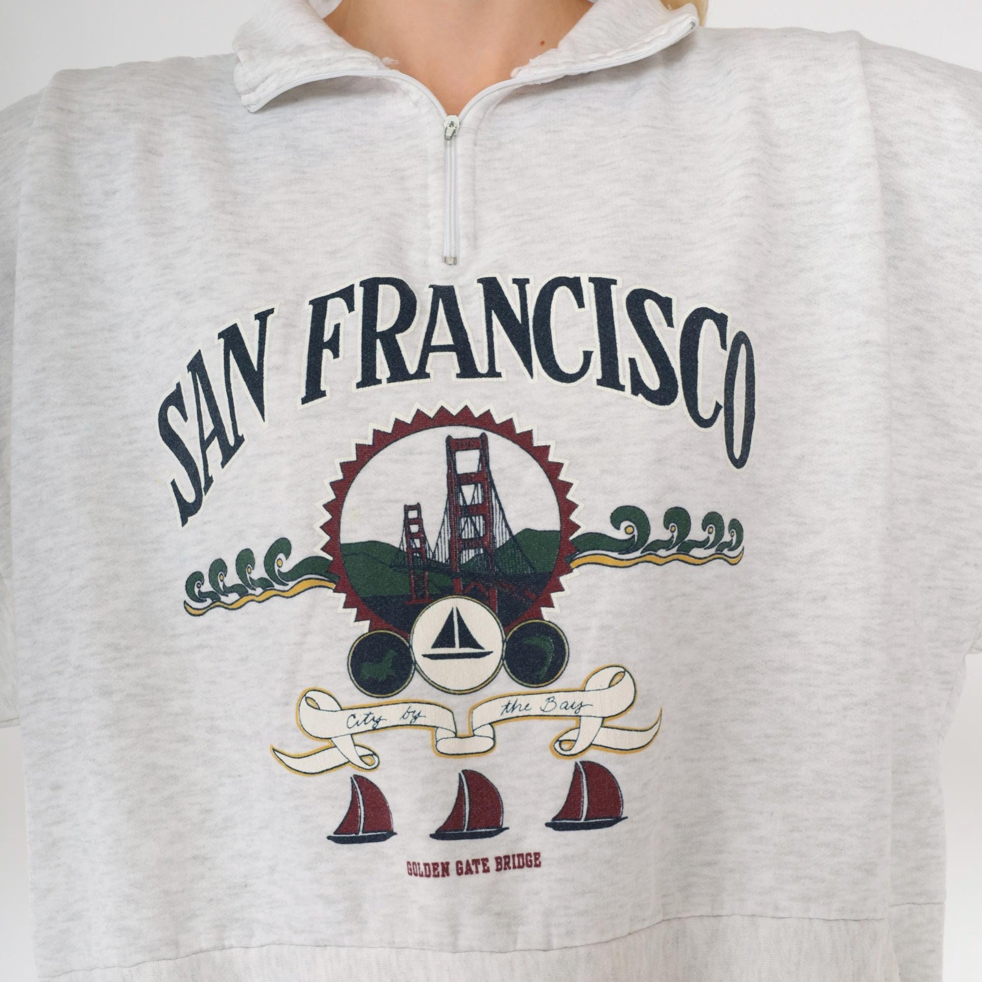 90s San Francisco Golden Gate Bridge Quarter Zip Sweatshirt Heather Grey Plus Size XXL