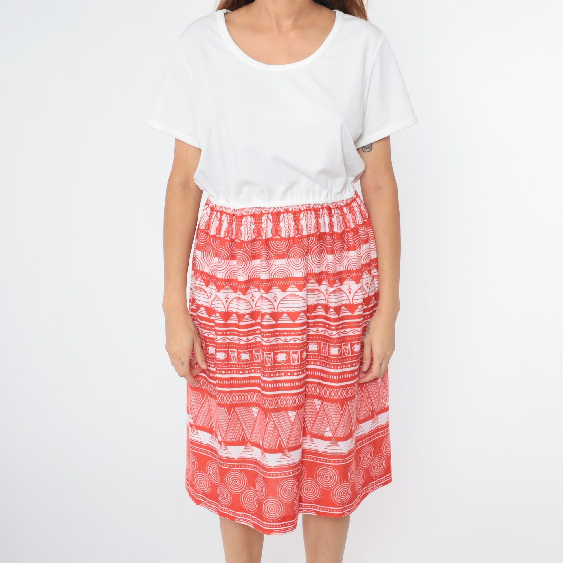 70s Flair of Miami Midi Dress White Red Geometric Print Elastic Waist Medium