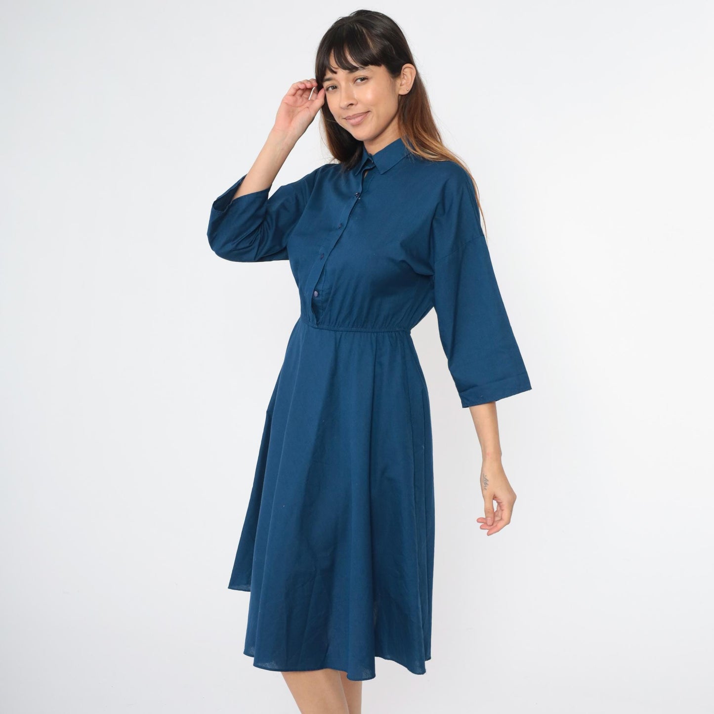 80s The American Shirt Dress Navy Blue Button-Up Midi Collared Small Medium