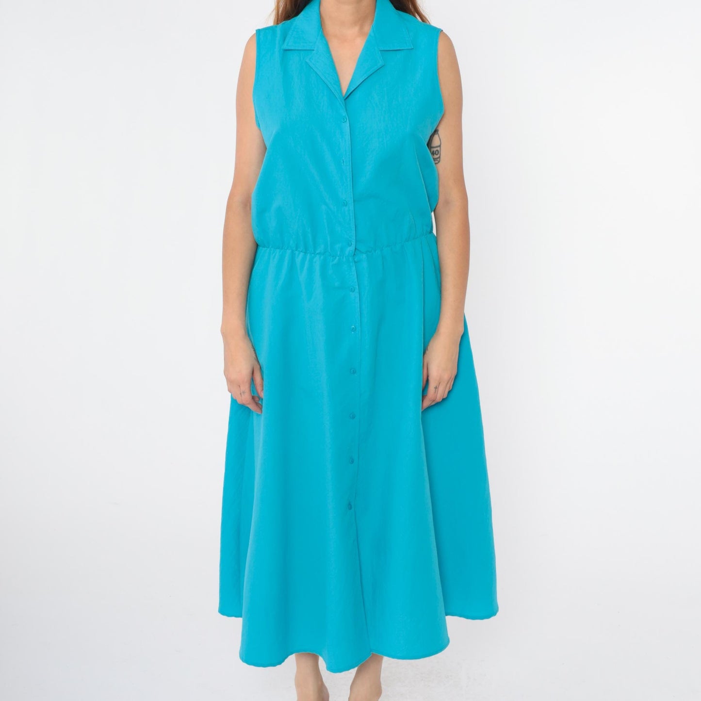 80s Turquoise Sleeveless Shirtdress Midi Button-Up High Waist Medium Large