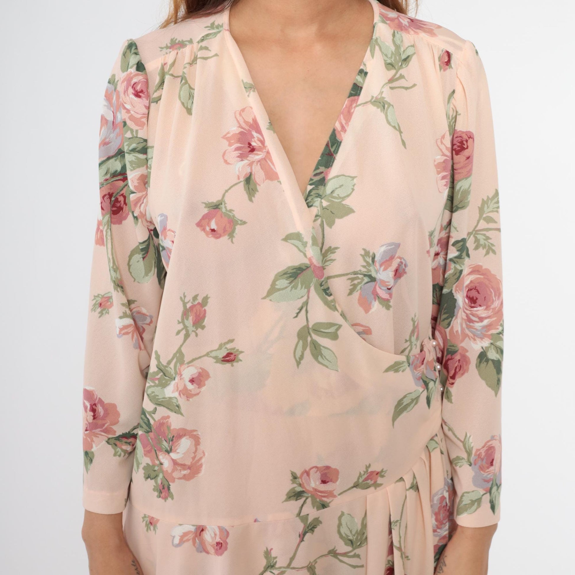 80s Pastel Pink Floral Wrap Midi Dress Drop Waist Puff Sleeve Large