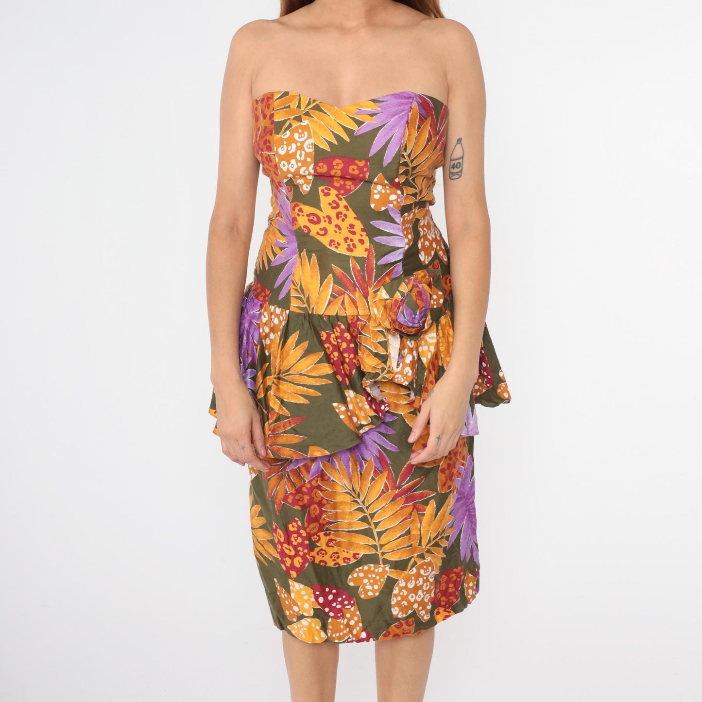 80s Tropical Leaf Print Strapless Midi Dress Sweetheart Neckline Peplum Olive Green Small