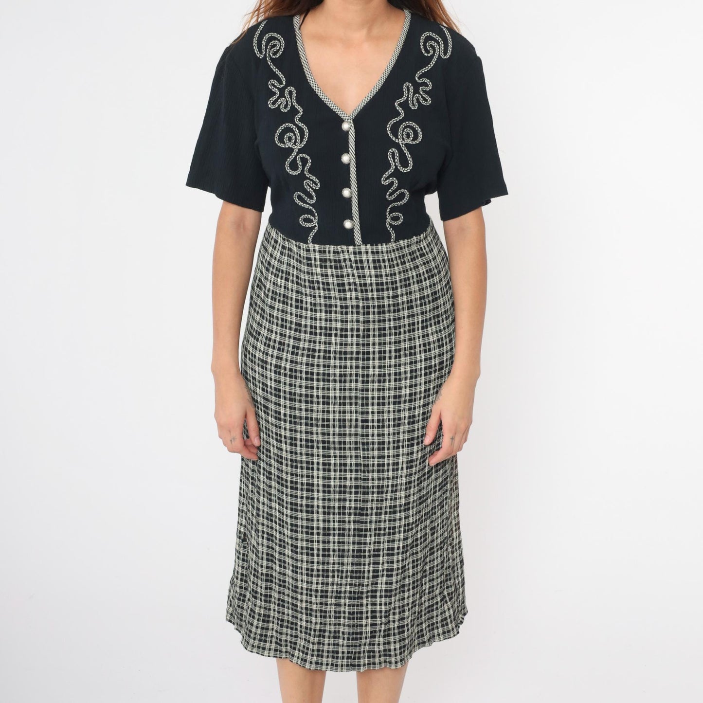 90s Black Plaid Midi Shirtdress High Waist Button Front Soutache Extra Large