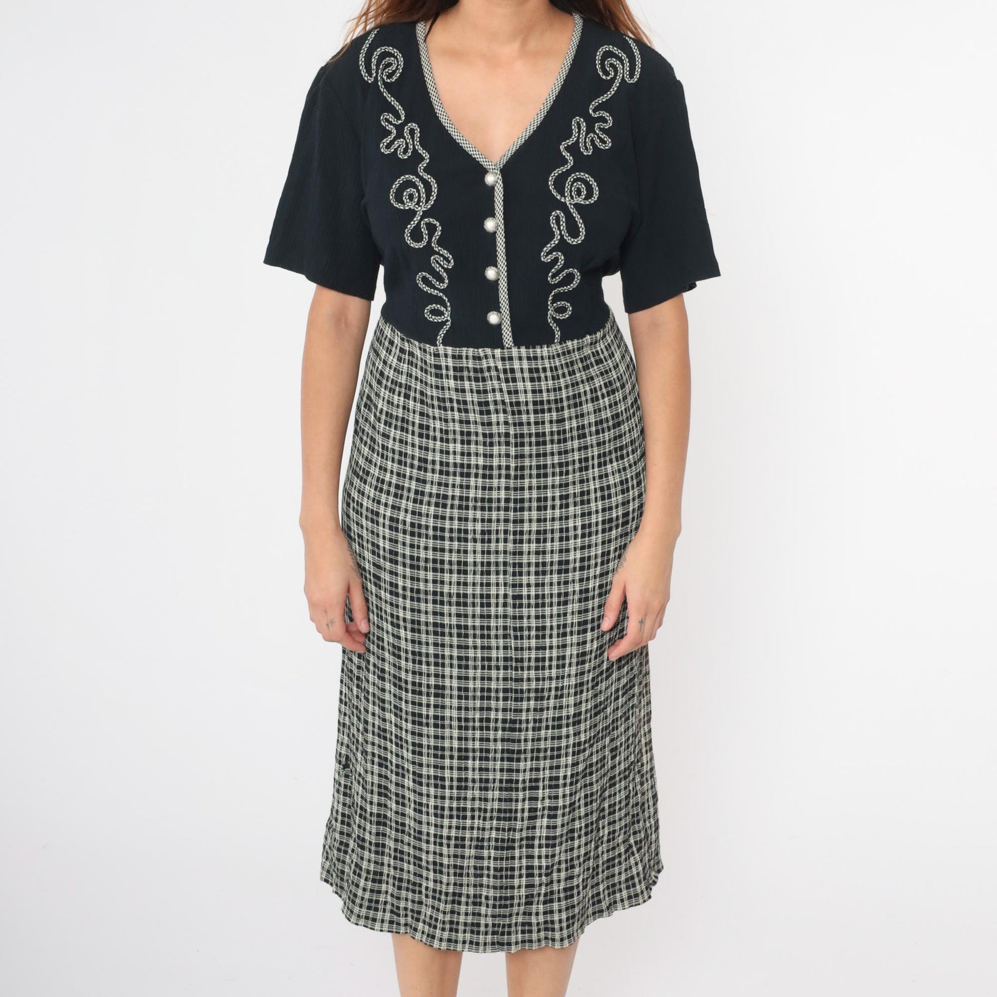 90s Black Plaid Midi Shirtdress High Waist Button Front Soutache Extra Large