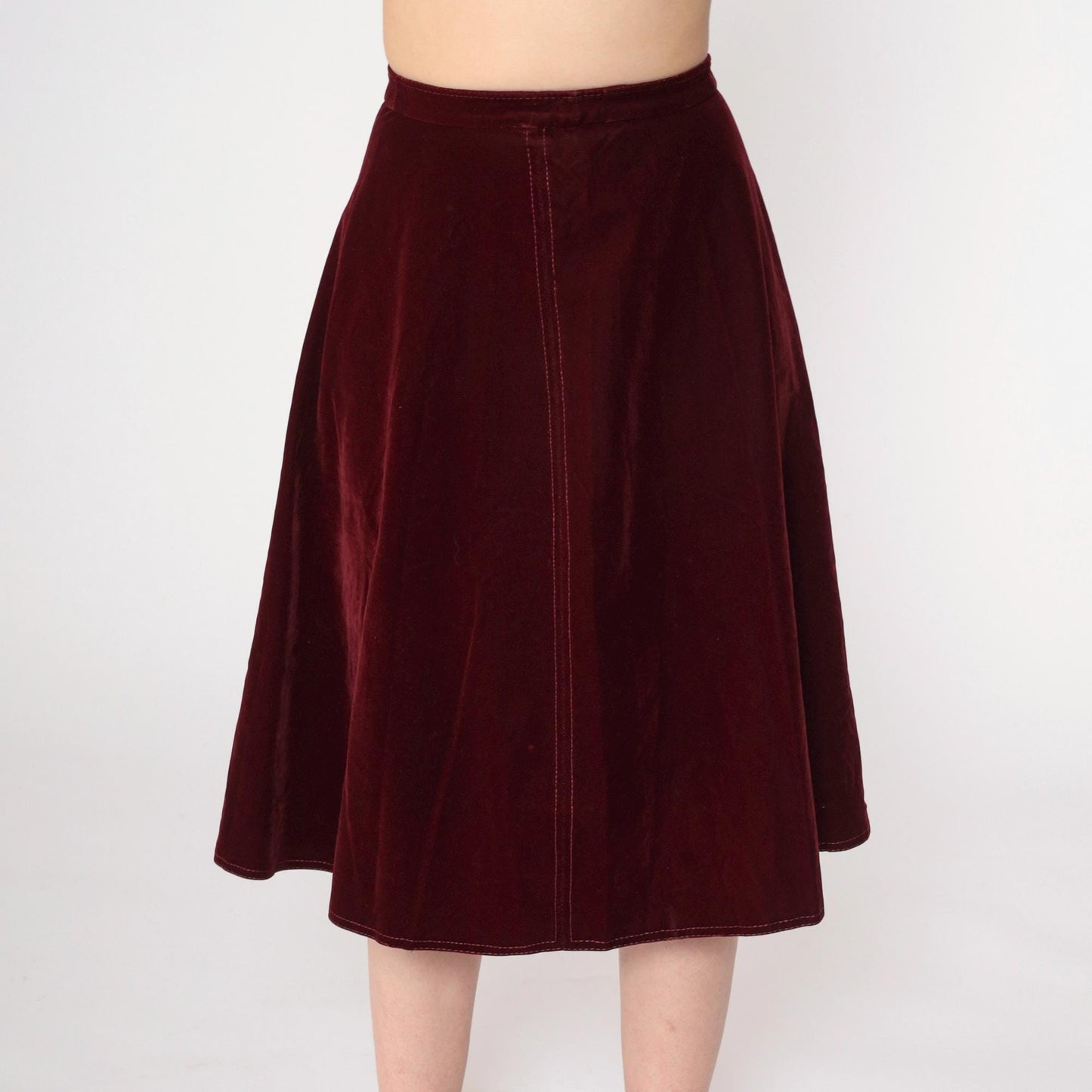 70s Burgundy Velvet Midi Skirt A-Line High Waisted Small