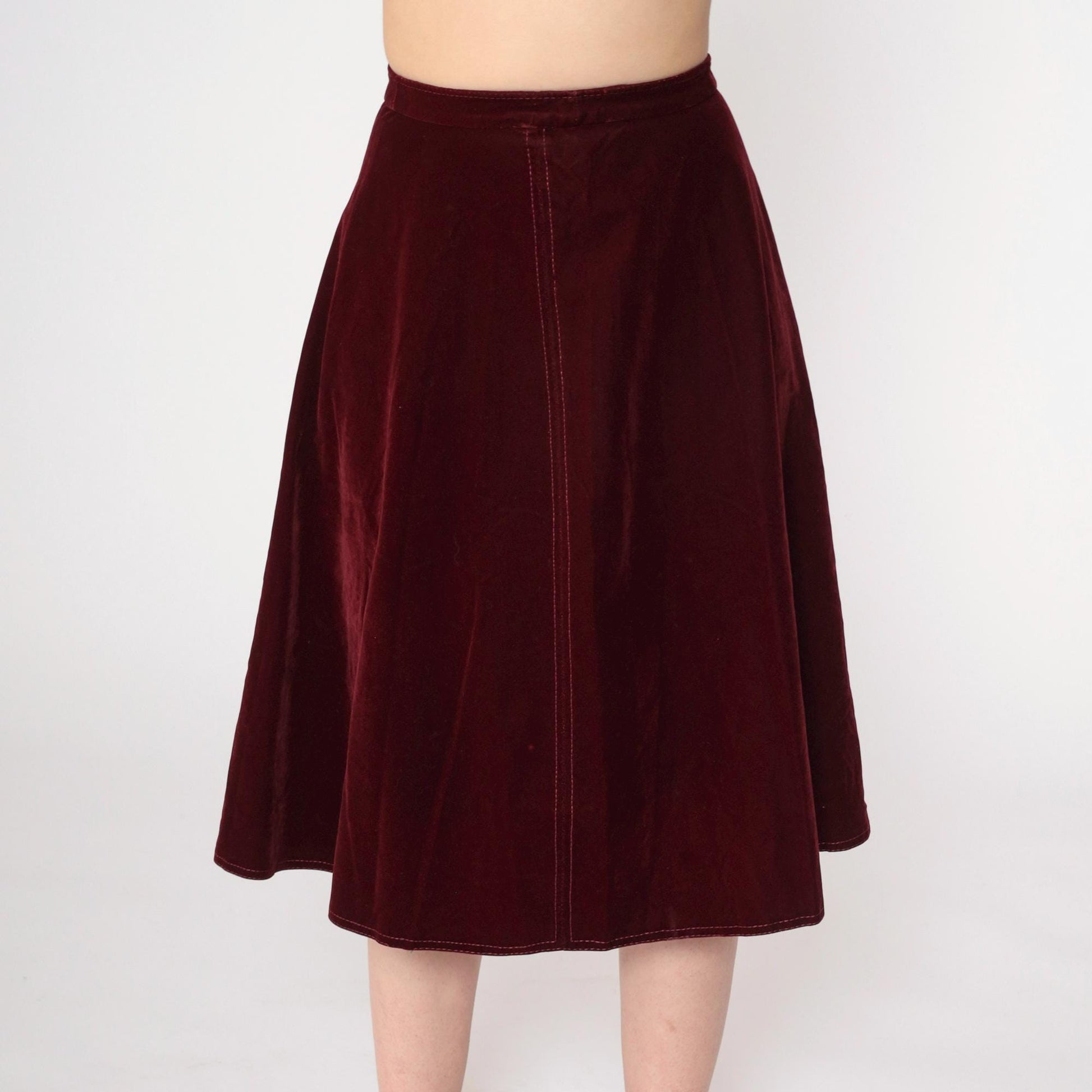 70s Burgundy Velvet Midi Skirt A-Line High Waisted Small