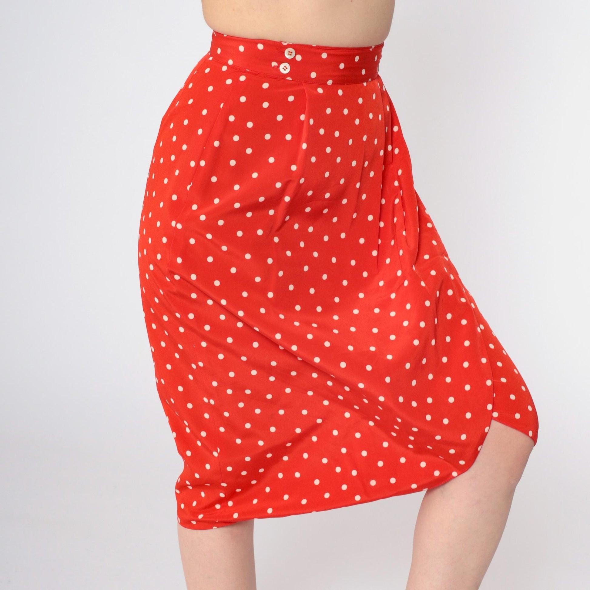 90s Liz Claiborne Polka Dot Tulip Wrap Midi Skirt Red Extra Small