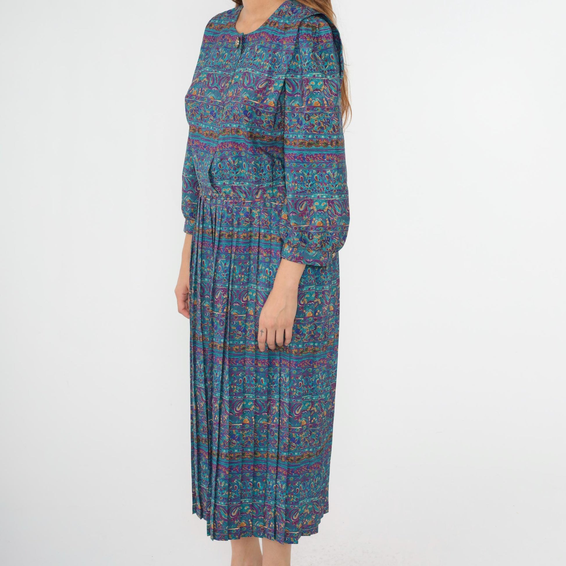 80s Blue Paisley Striped Midi Dress Puff Sleeve High Waisted Button Up Medium