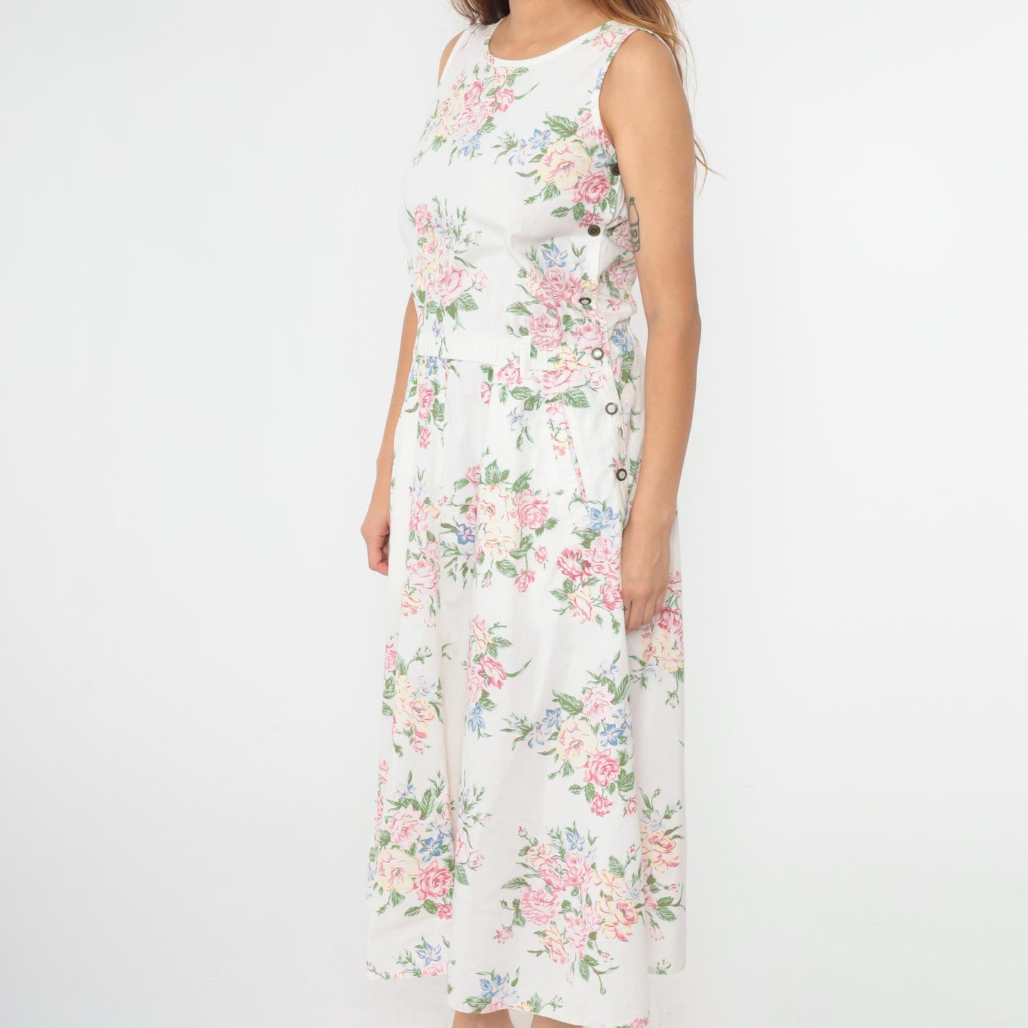 90s Liz Wear Floral Midi Dress White Pastel High Waist Sleeveless Small Petite