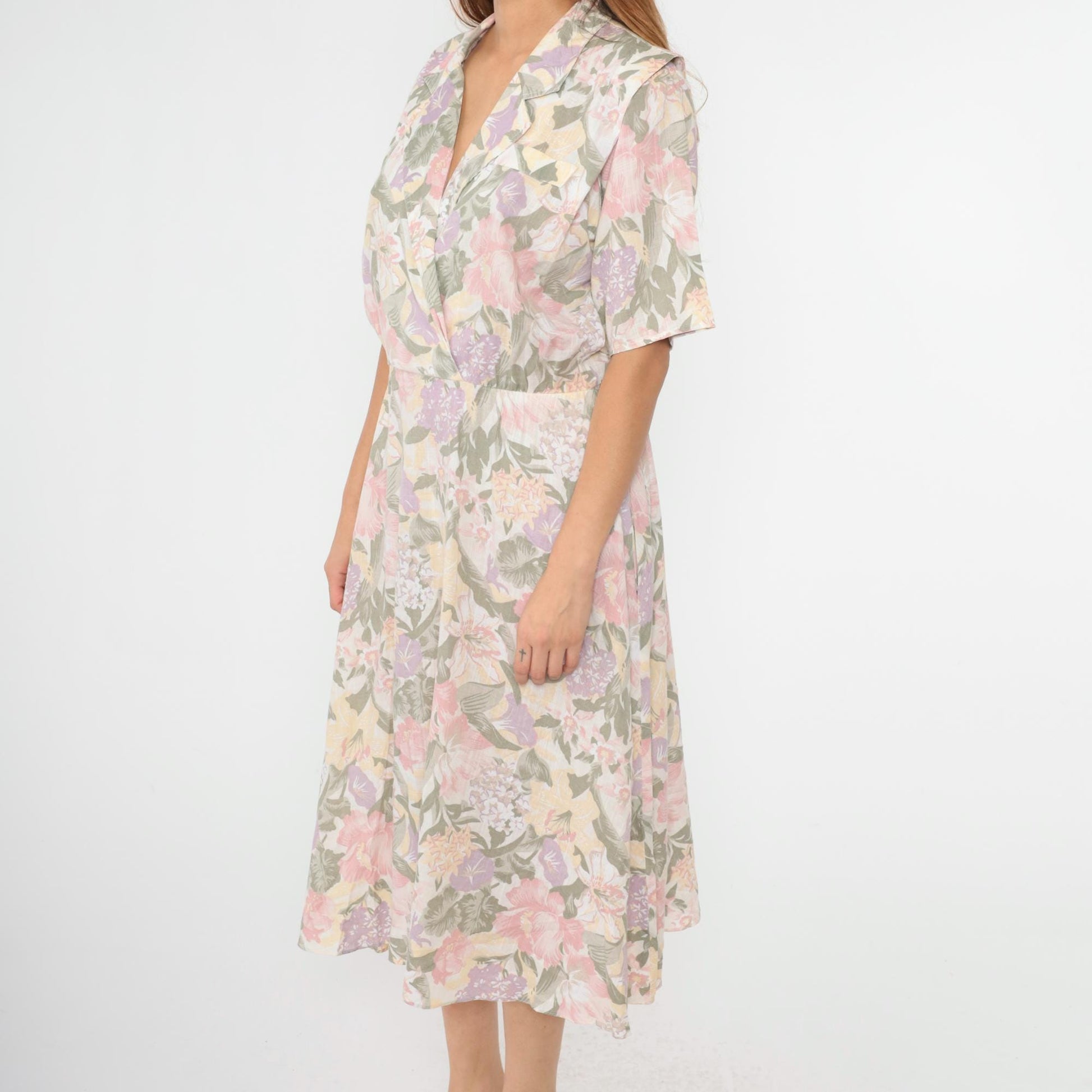 80s Floral Midi Dress High Waisted V Neck Short Sleeve Faux Wrap Medium