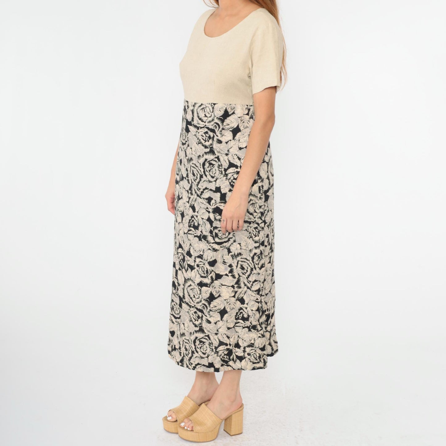 90s Floral Maxi Dress Beige Bodice High Waist Linen Rayon Large L