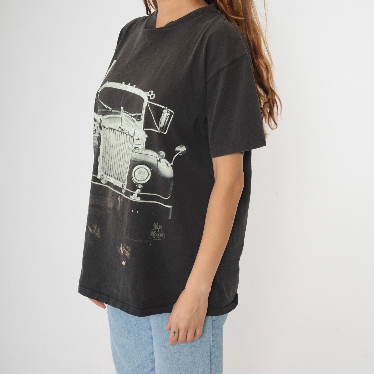 90s Mack Truck Graphic T-Shirt Distressed Black Cotton Tee Extra Large XL