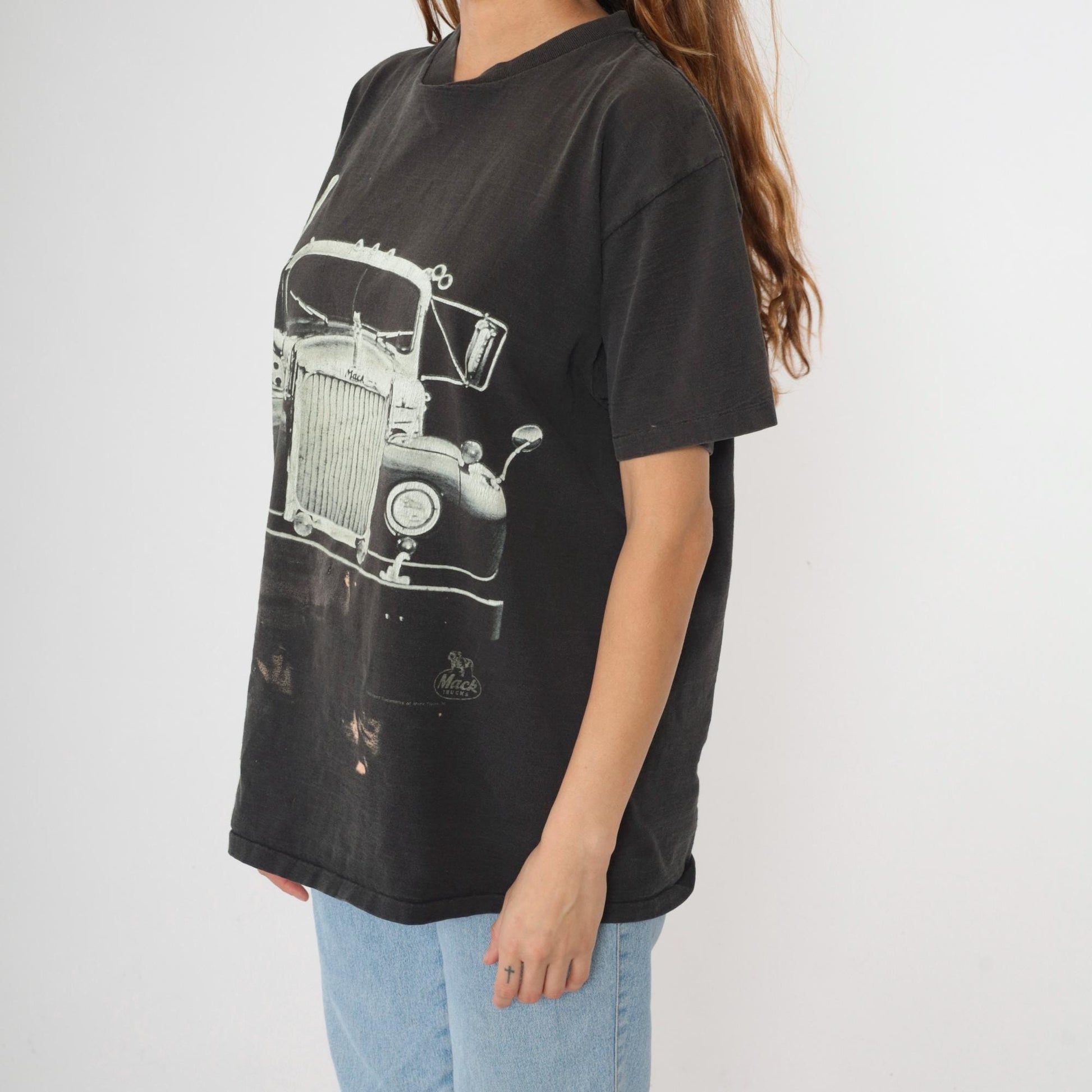 90s Mack Truck Graphic T-Shirt Distressed Black Cotton Tee Extra Large XL