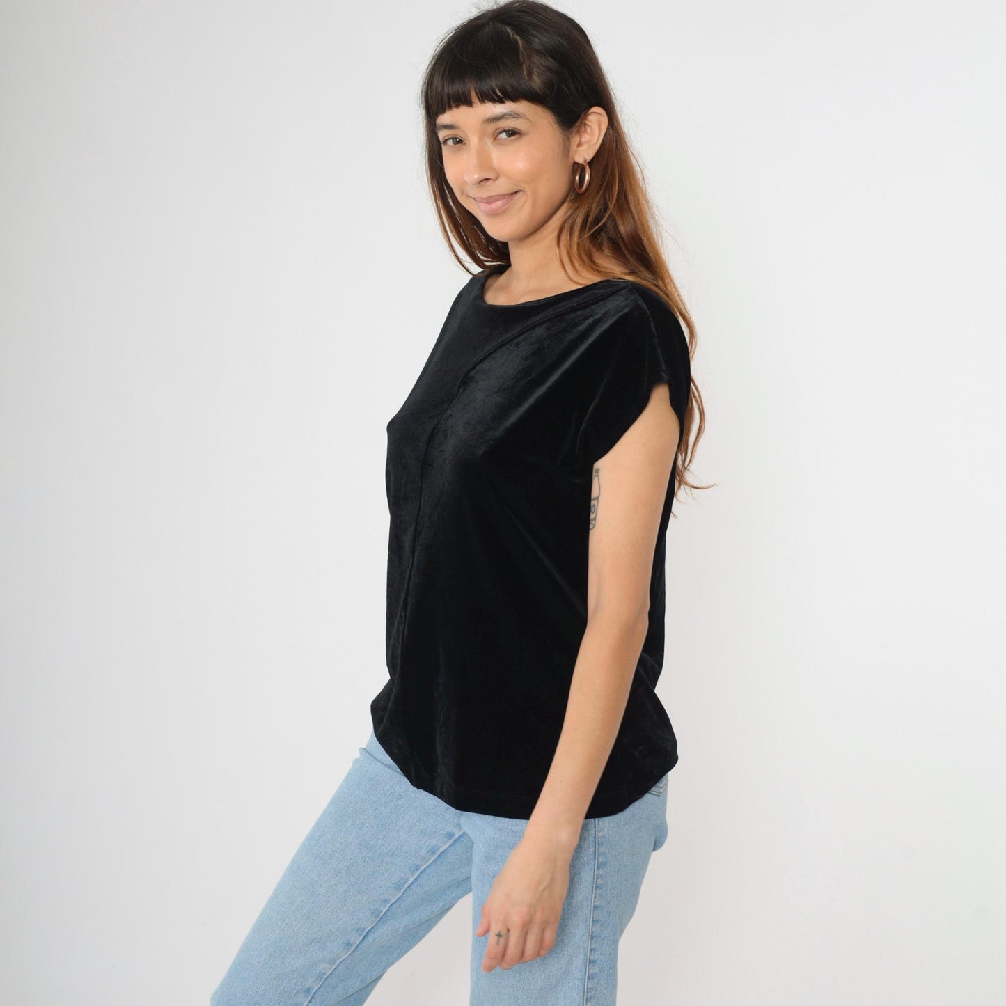 Y2K Black Velvet Keyhole Cutout Blouse Short Sleeve Chico's Top Extra Small