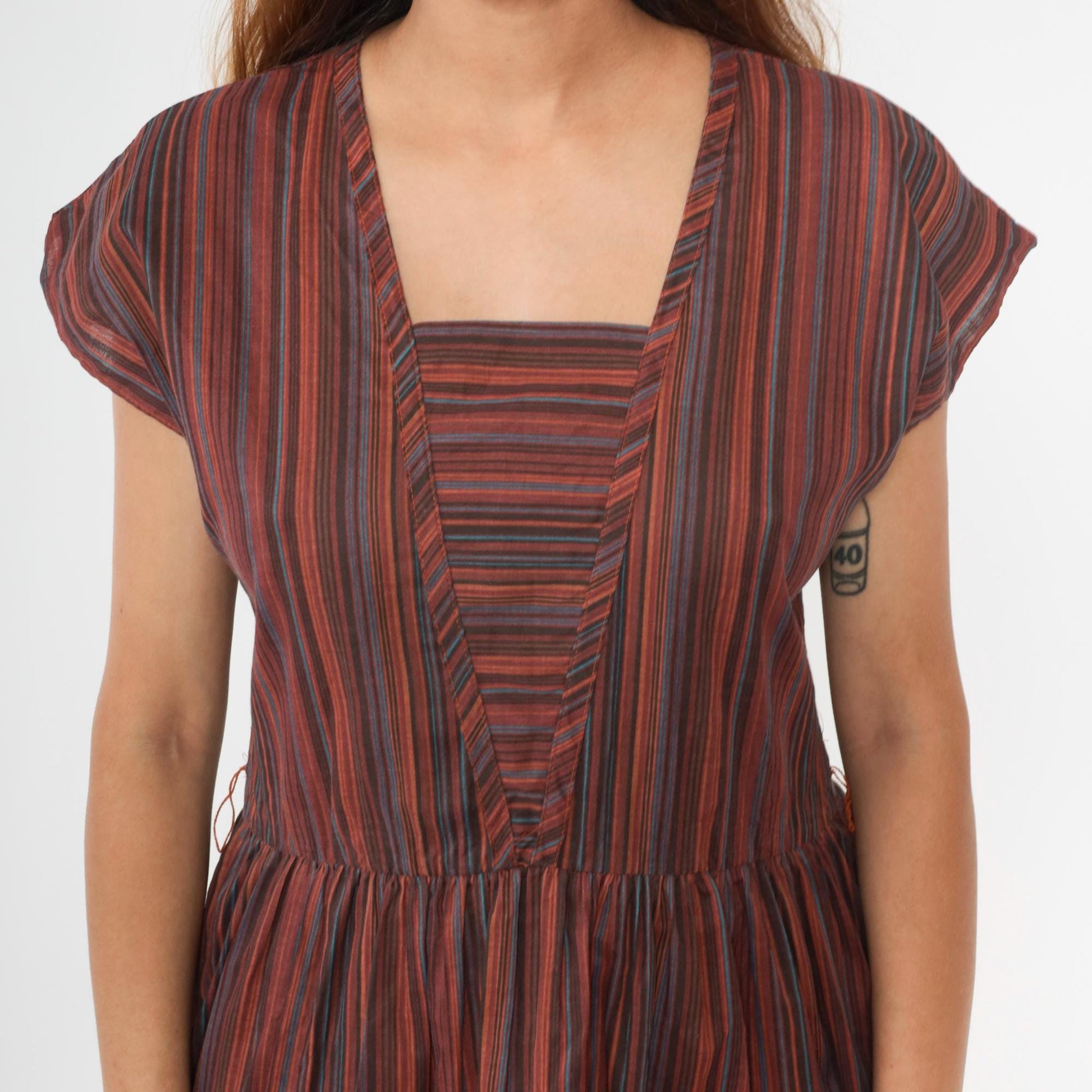 80s Multicolor Striped Midi Dress Keyhole Back Square Neck Cap Sleeve Medium
