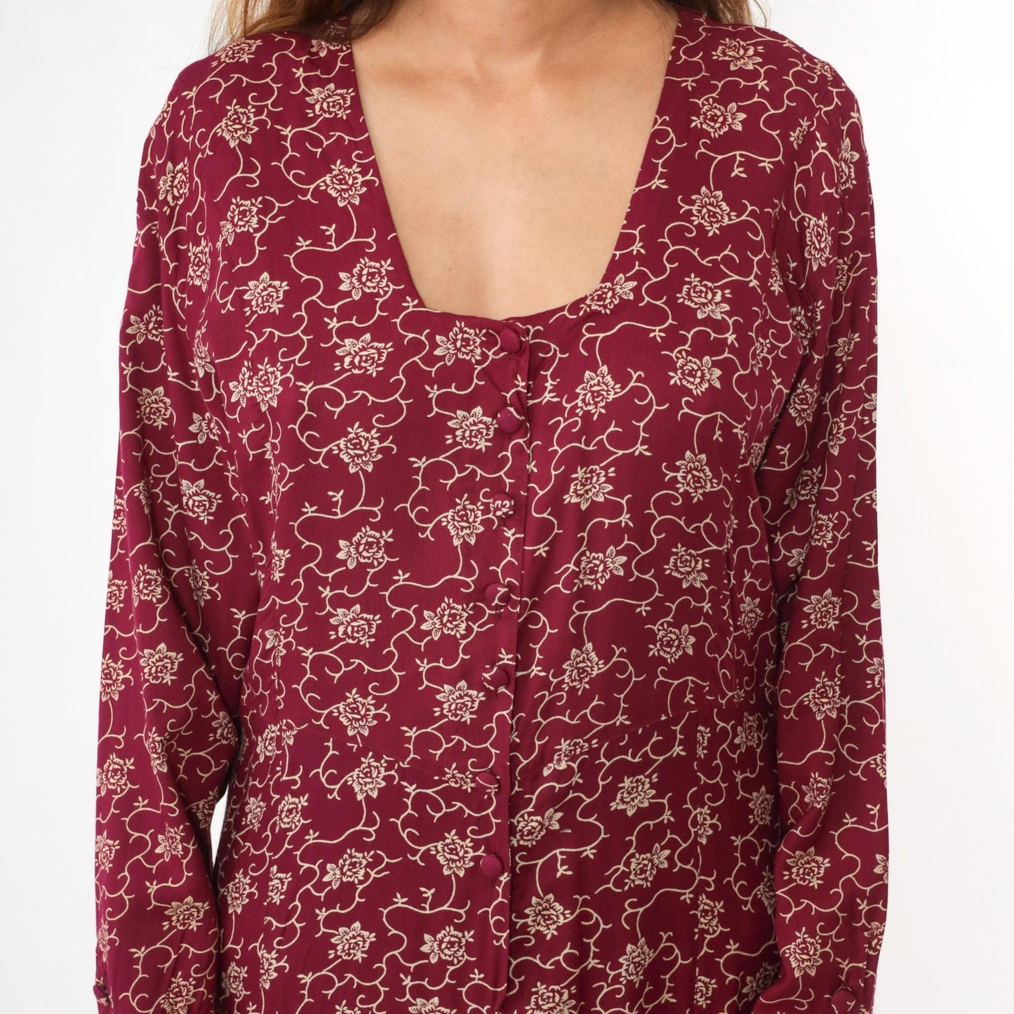 90s Burgundy Floral Maxi Dress Button-Up Long Sleeve Square Neck Extra Large XXL