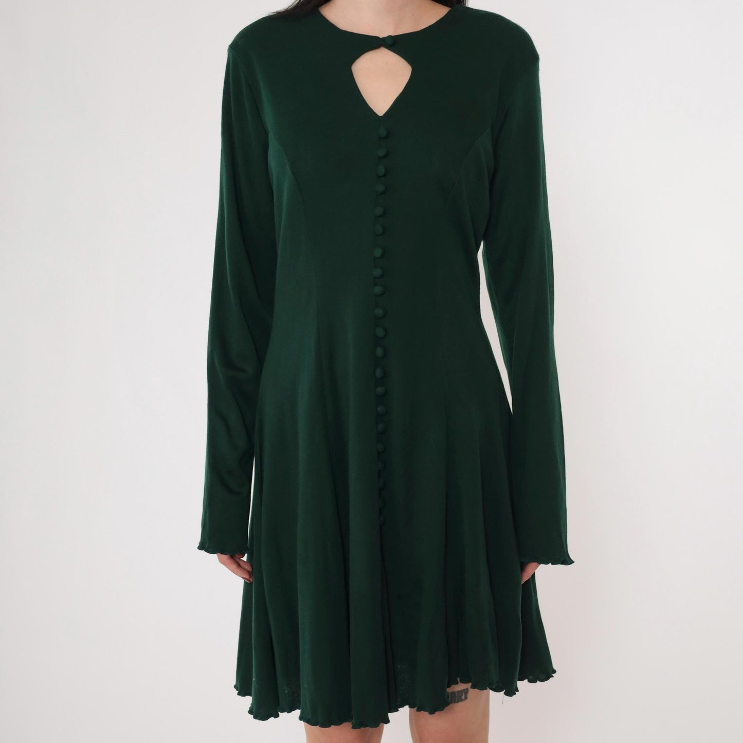 90s Dark Green Keyhole Mini Dress Long Sleeve Button Front A-Line Medium