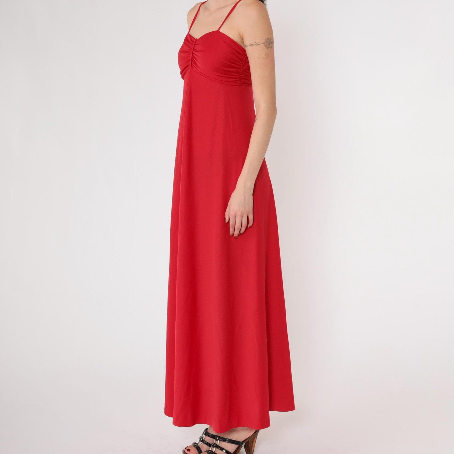 70s Red Maxi Dress Empire Waist Spaghetti Strap Gathered Bodice Extra Small