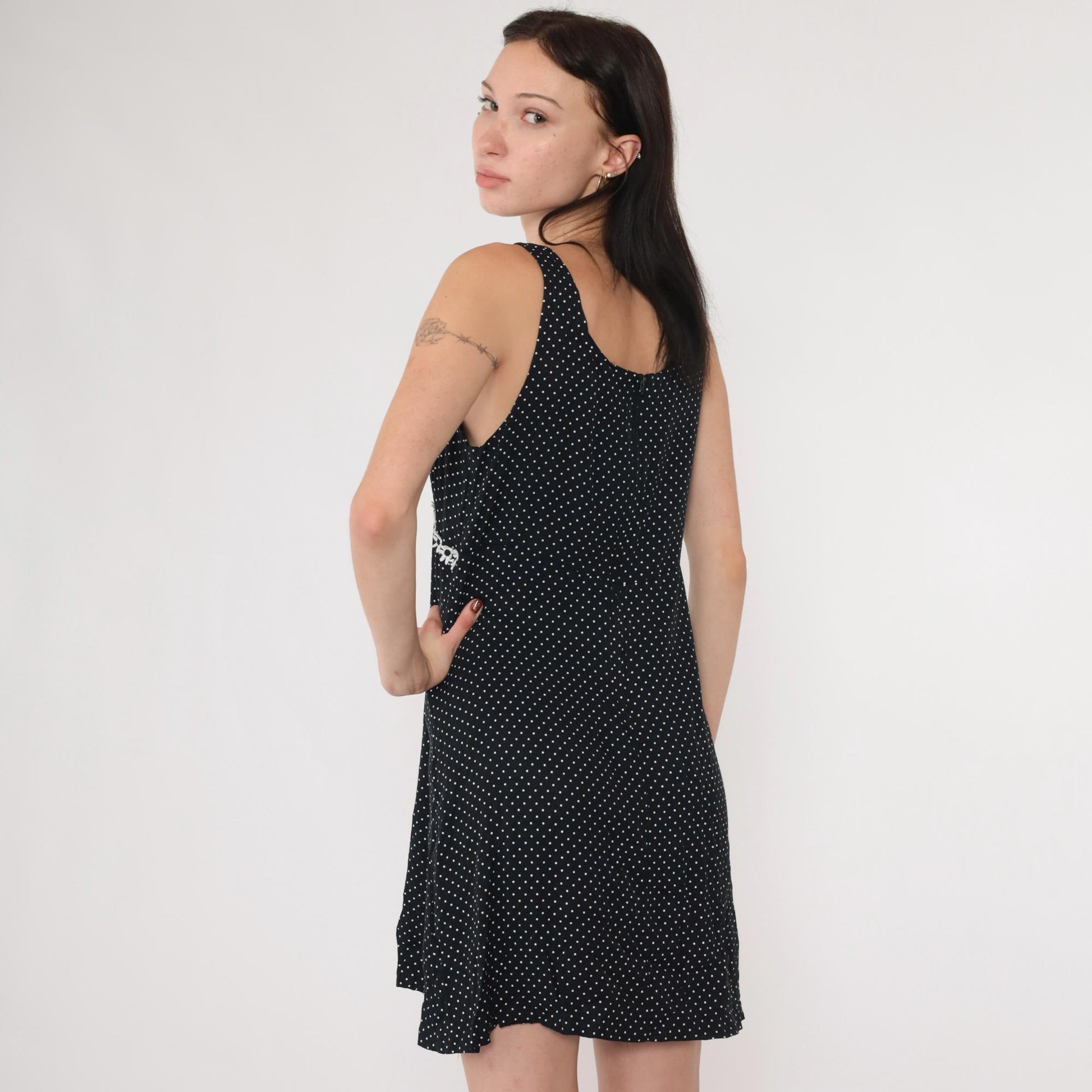90s Black and White Polka Dot Mini Dress Empire Waist Daisy Trim Small