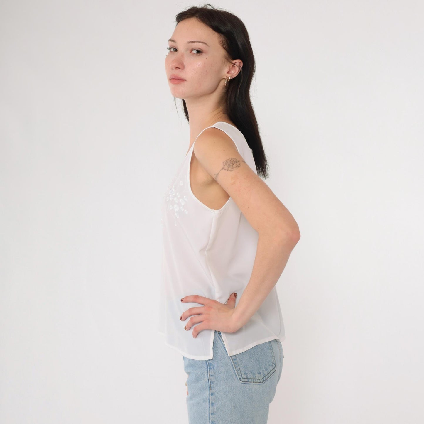 90s Yves St. Clair White Floral Embroidered Tank Top Scoop Neck Petite Medium