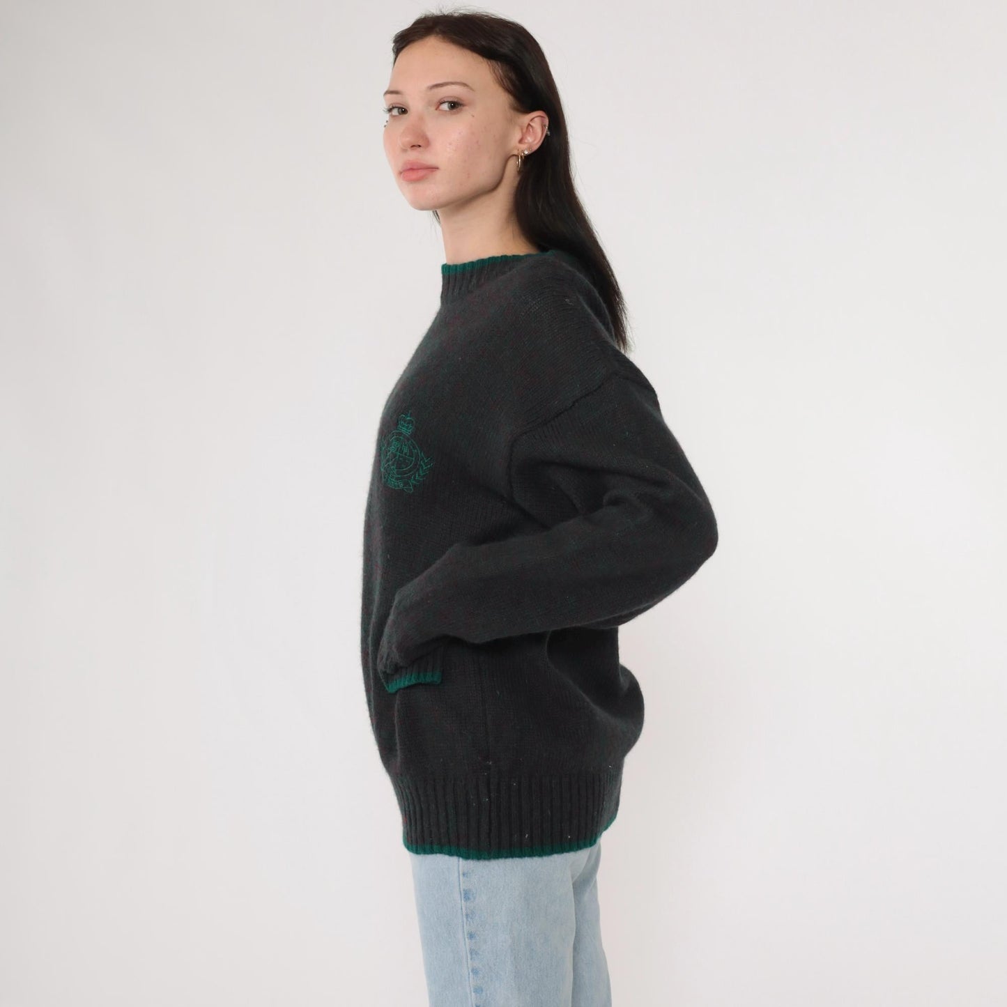90s Hunting Horn Classics Shetland Wool Sweater Flecked Red Green Crest Medium