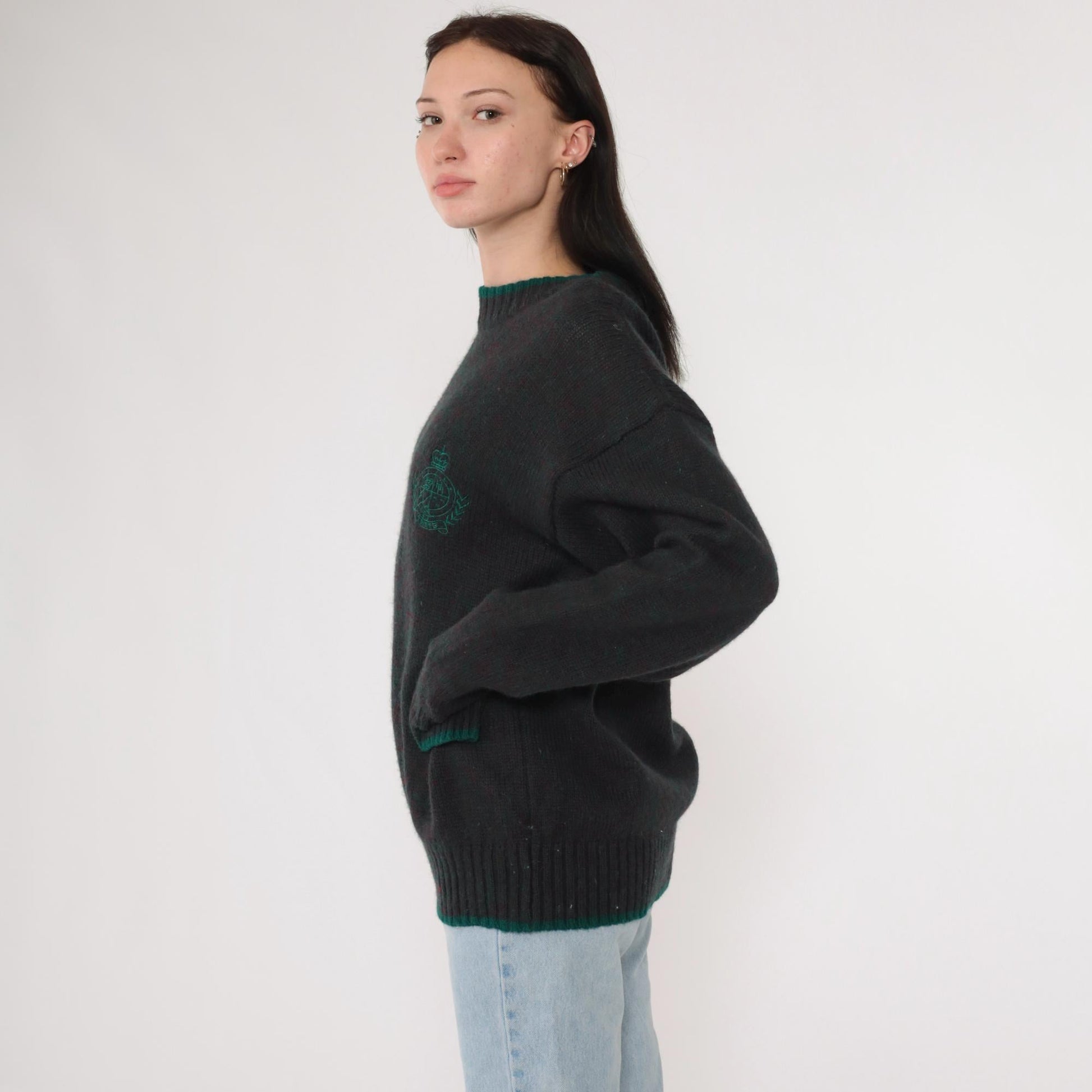 90s Hunting Horn Classics Shetland Wool Sweater Flecked Red Green Crest Medium