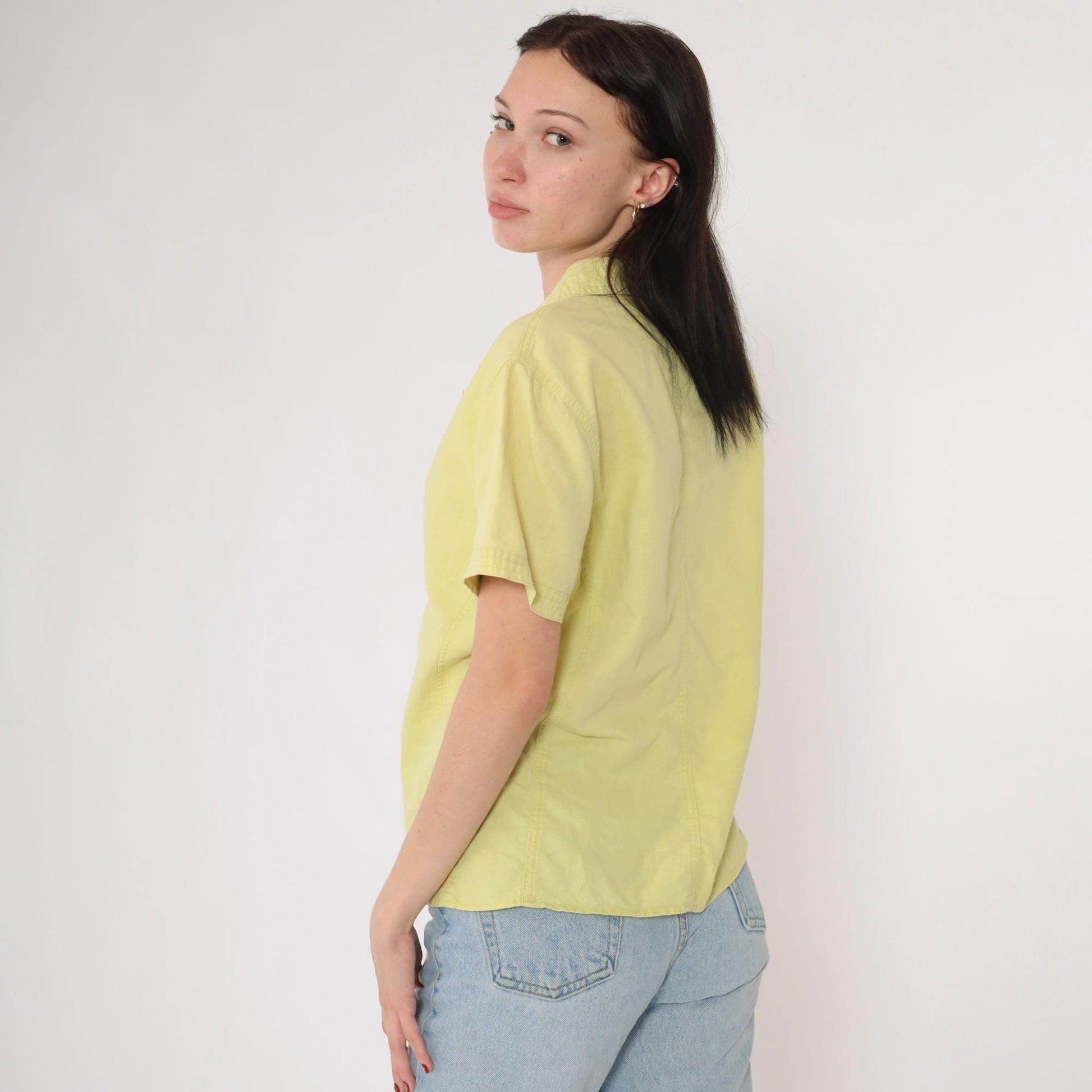 90s Bill Blass Lime Green Linen Blend Button-Up Blouse Short Sleeve Medium