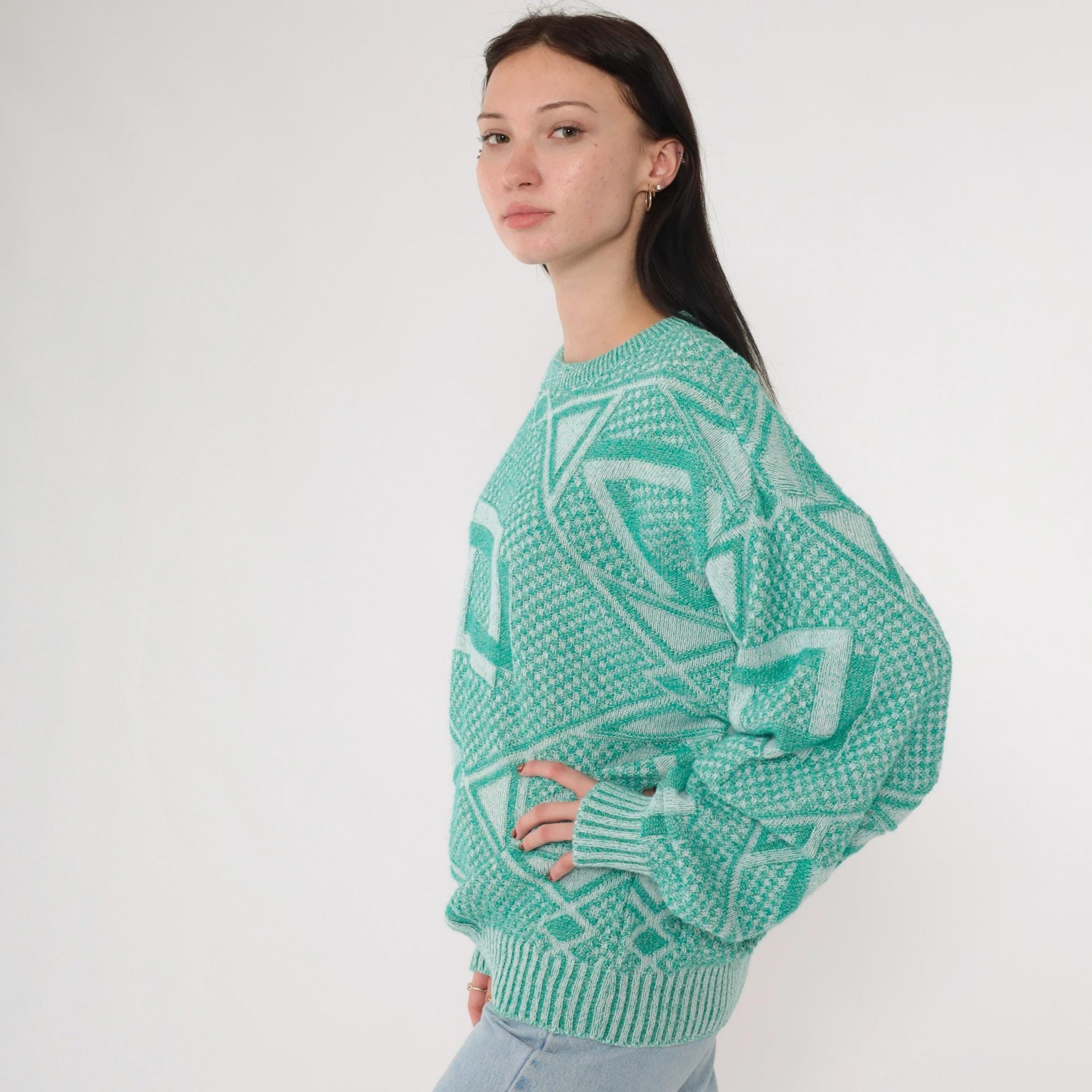 90s Jantzen Geometric Knit Sweater Green White Crewneck Large