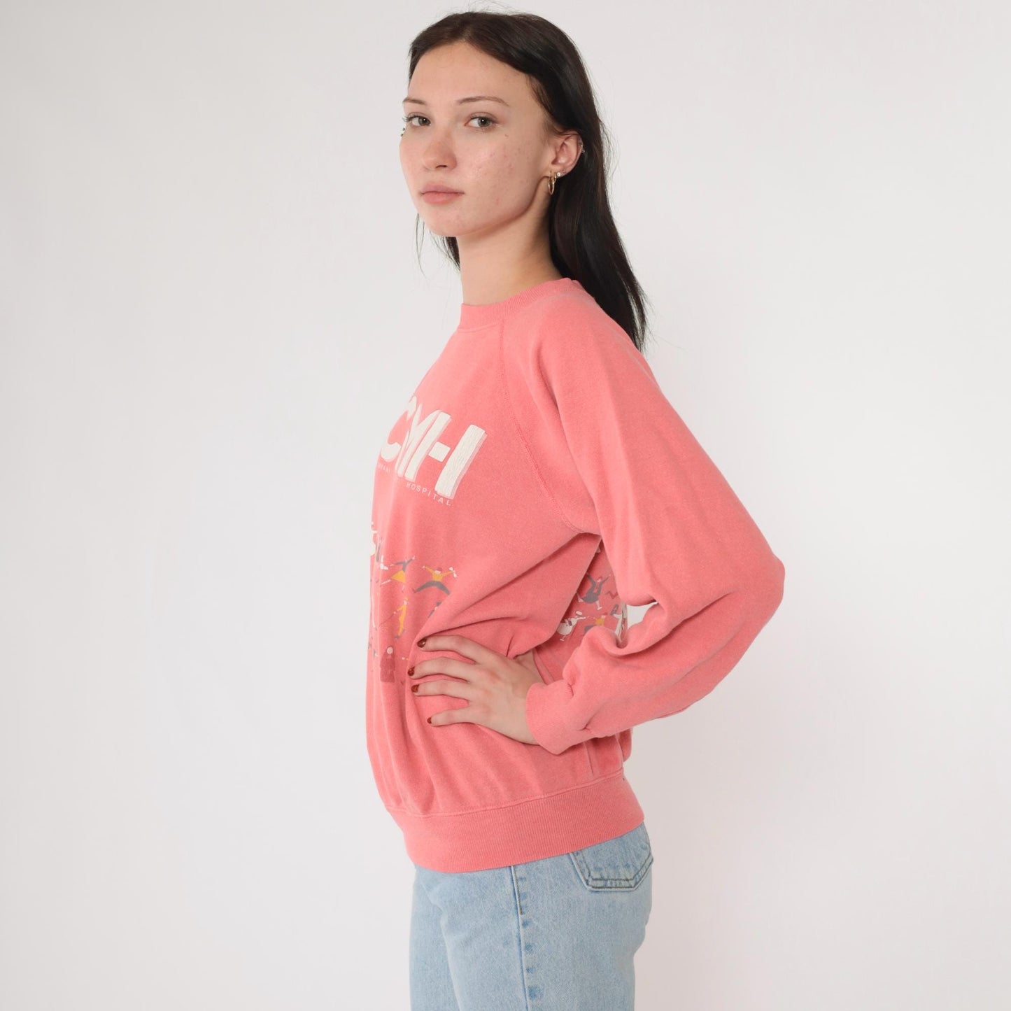 90s LCMH Little Company of Mary Hospital Graphic Raglan Sweatshirt Pink Medium