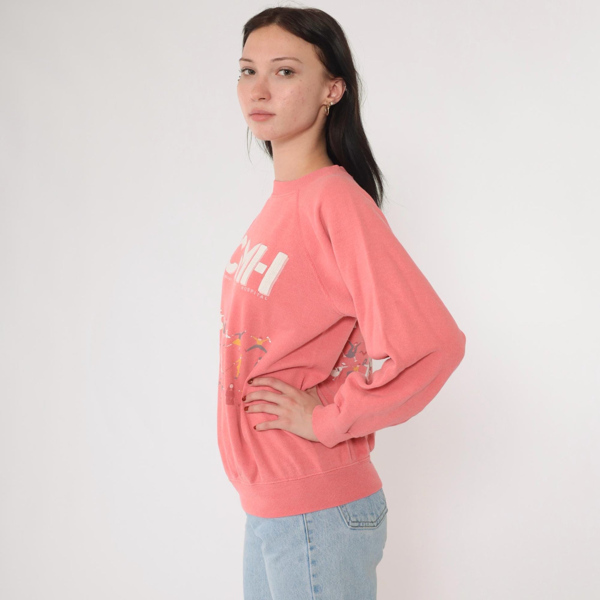 90s LCMH Little Company of Mary Hospital Graphic Raglan Sweatshirt Pink Medium