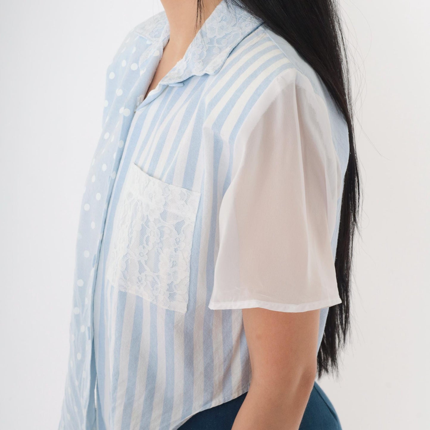 90s Baby Blue Polka Dot Striped Button Up Crop Top Chiffon Lace Small