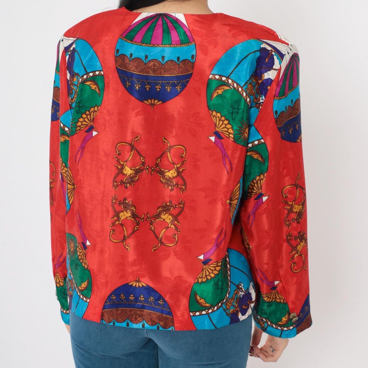 90s Hot Air Balloon Cherub Celestial Jacket Red Multicolor Button Up Medium