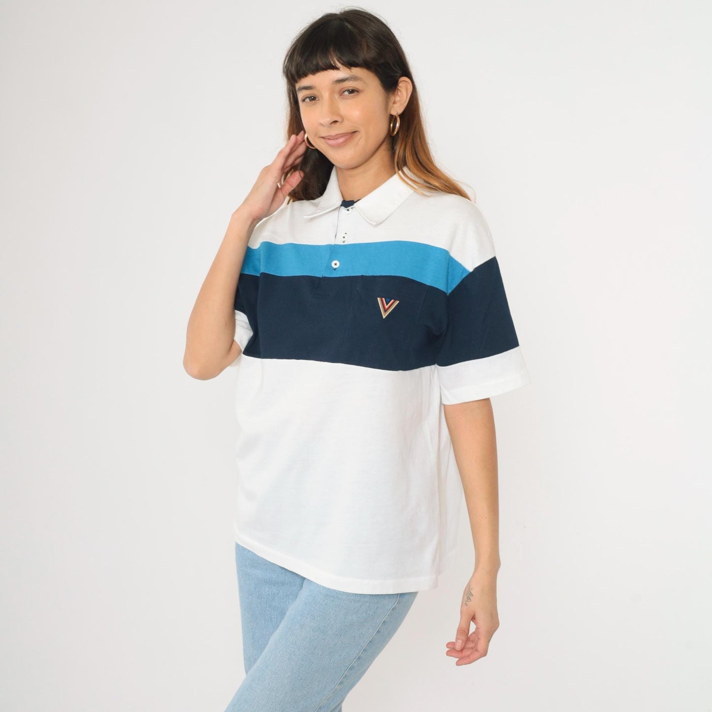 80s J. Blair Striped Polo Shirt White Navy Quarter Button Collared Large L