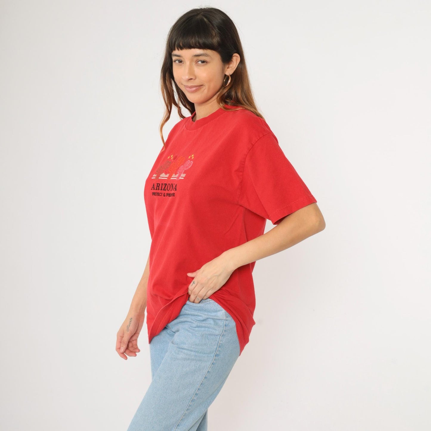 Y2K Arizona Cactus Embroidered T-Shirt Red Cotton Graphic Tee Large