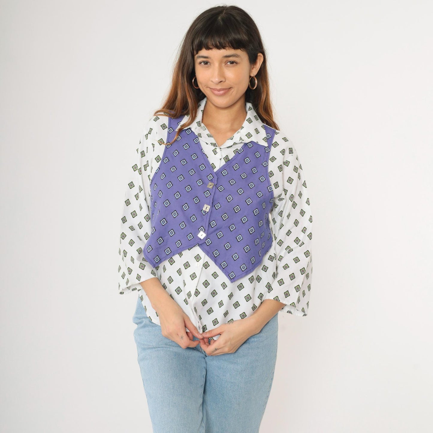 90s New Moves Geometric Button Up Shirt White Purple Attached Vest Medium