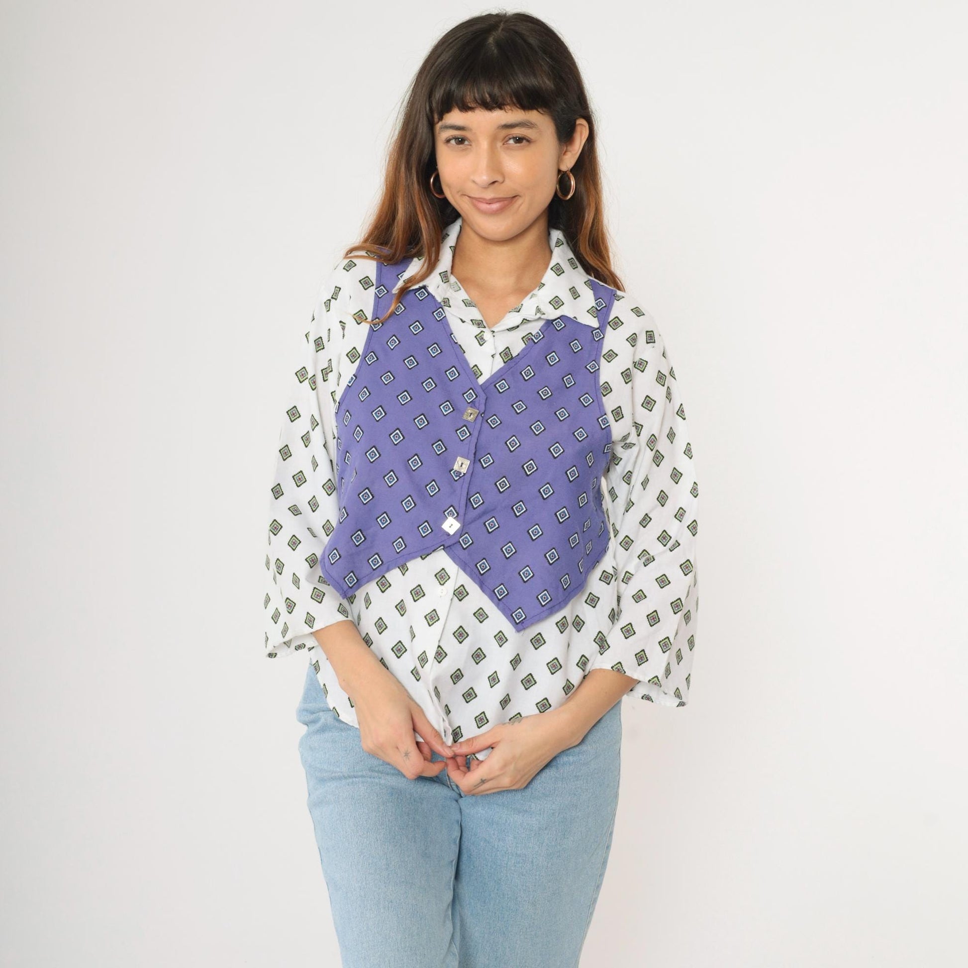 90s New Moves Geometric Button Up Shirt White Purple Attached Vest Medium