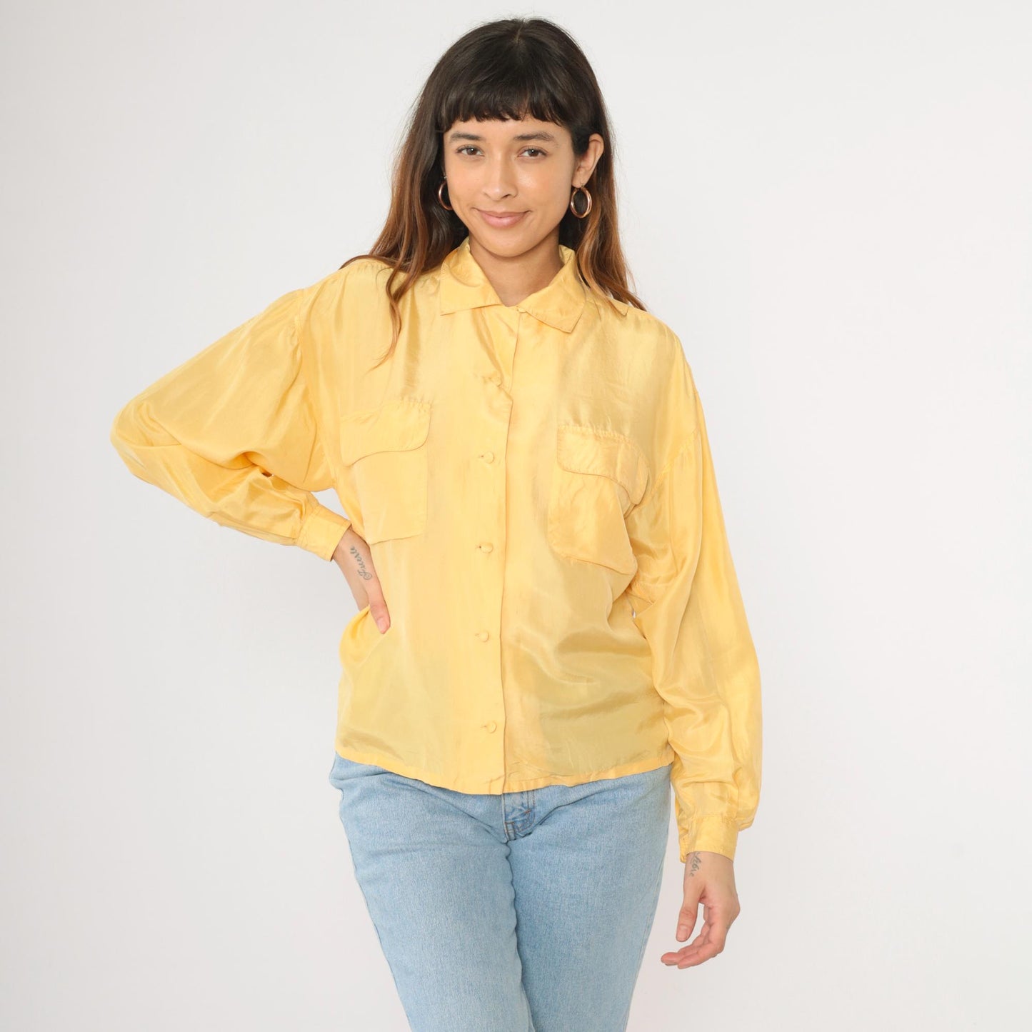 90s Ivy Club Classics Yellow Silk Button-Up Blouse Long Sleeve Small S