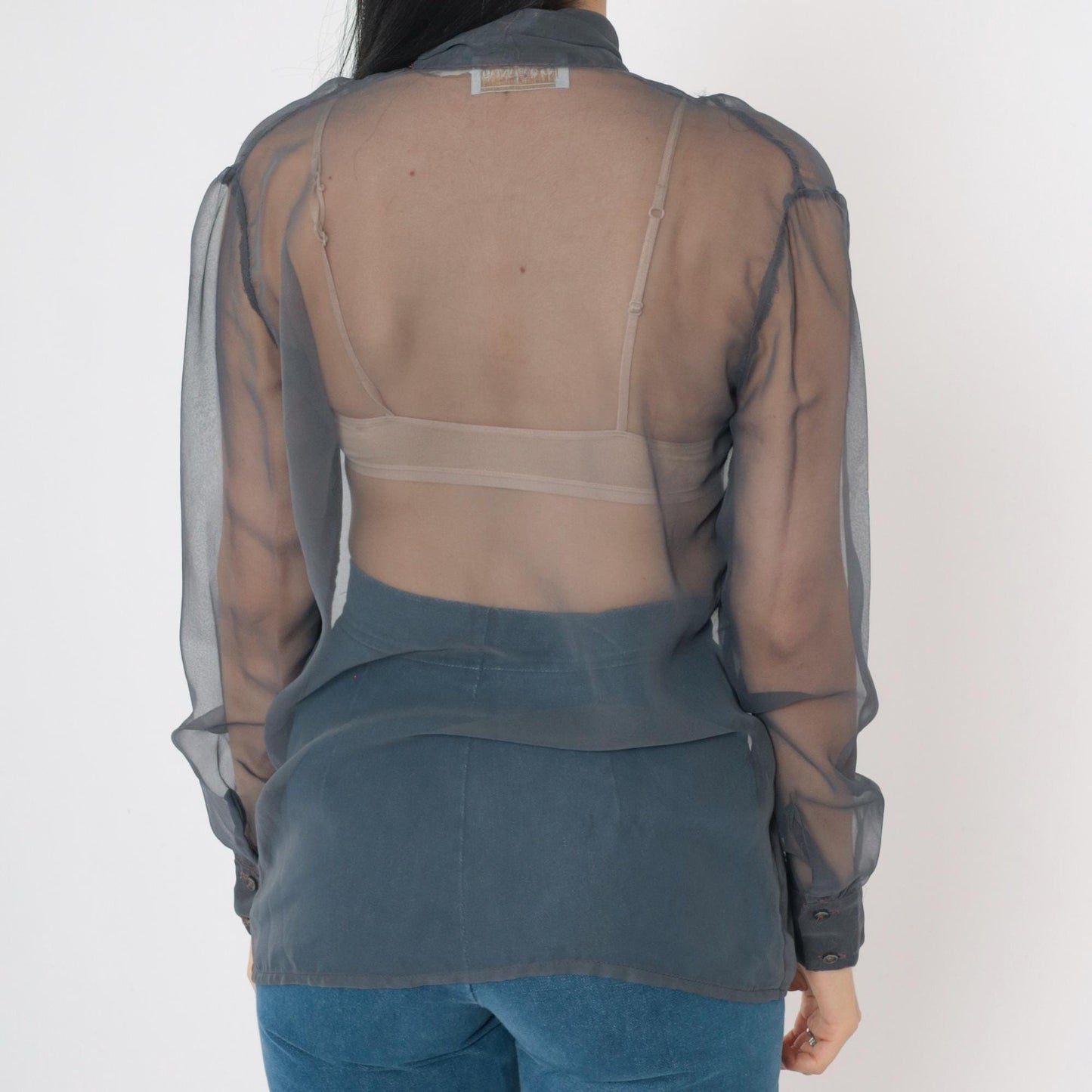 80s Maurice Antaya Sheer Chiffon Blouse Grey Ascot Bow Long Sleeve Medium