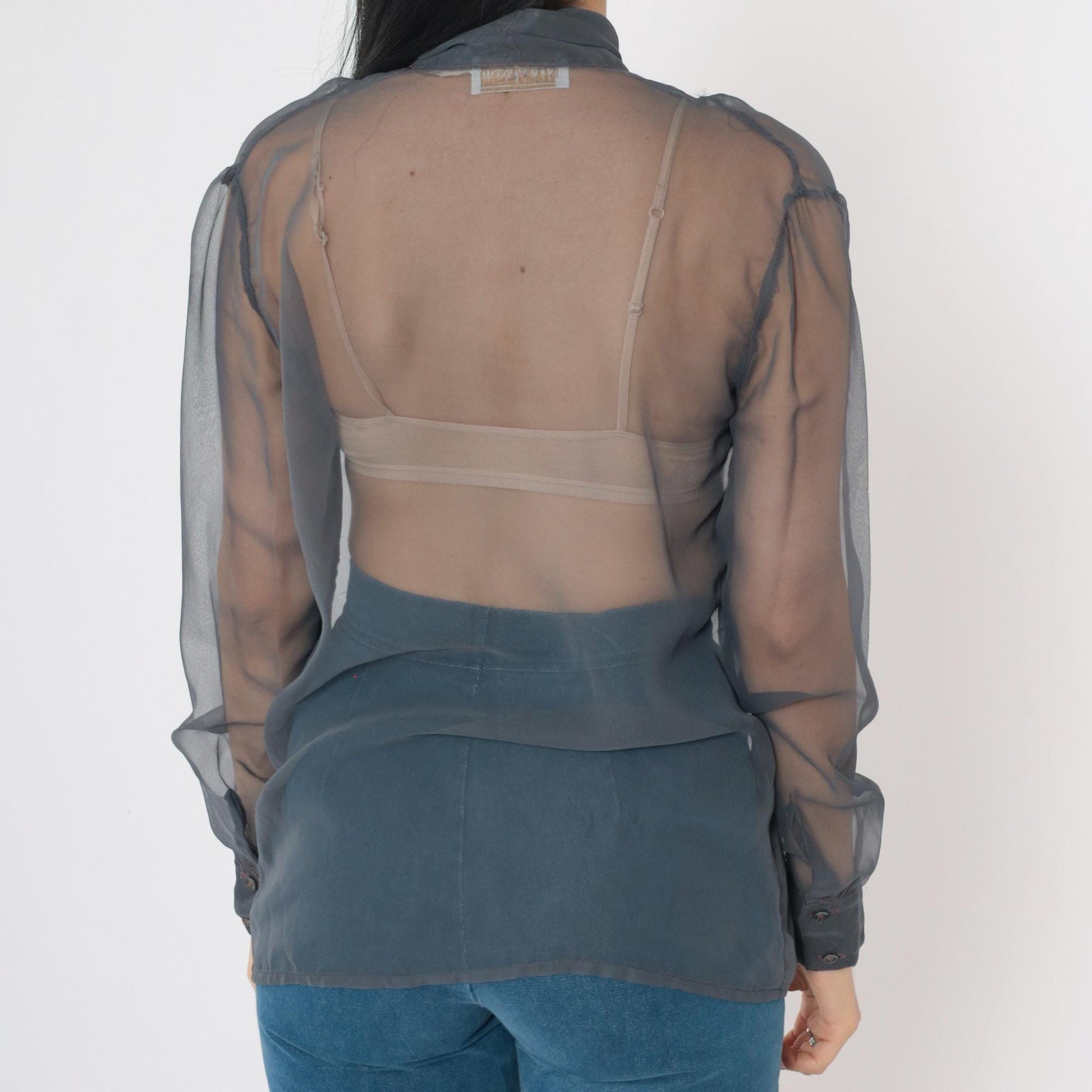 80s Maurice Antaya Sheer Chiffon Blouse Grey Ascot Bow Long Sleeve Medium