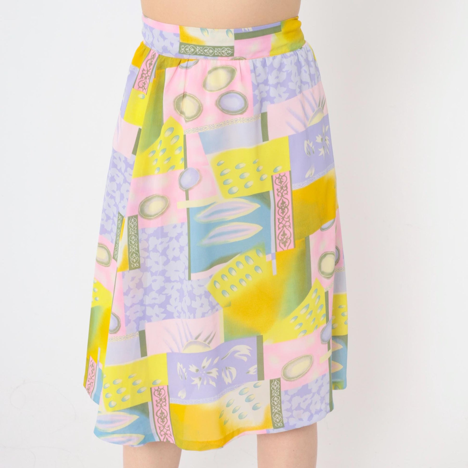 90s Abstract Geometric Midi Skirt Pastel Color Block High Waist Large L