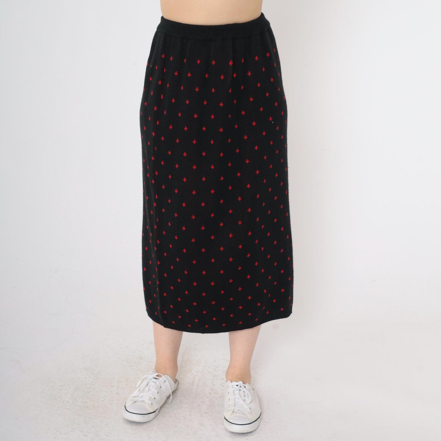 80s Khazana Black Knit Midi Skirt Red Geometric Print Elastic Waist Small