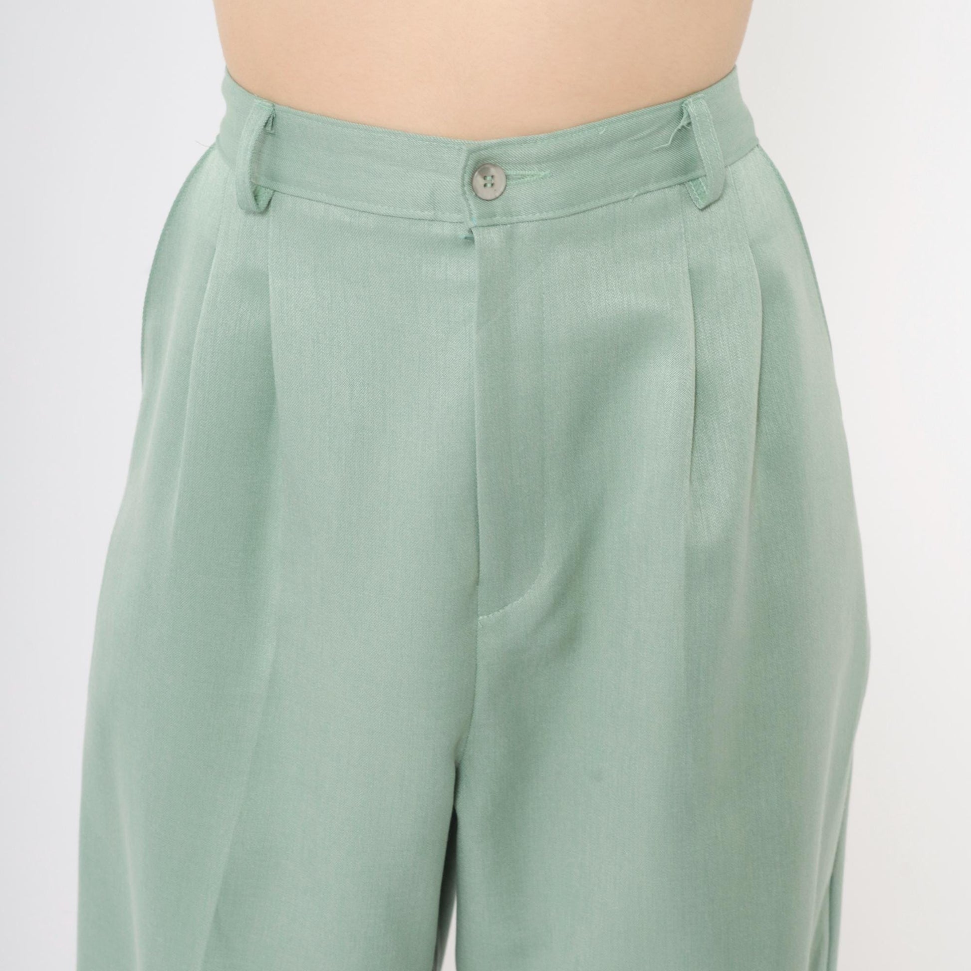 90s Light Green Pleated High-Waist Tapered Trousers Medium