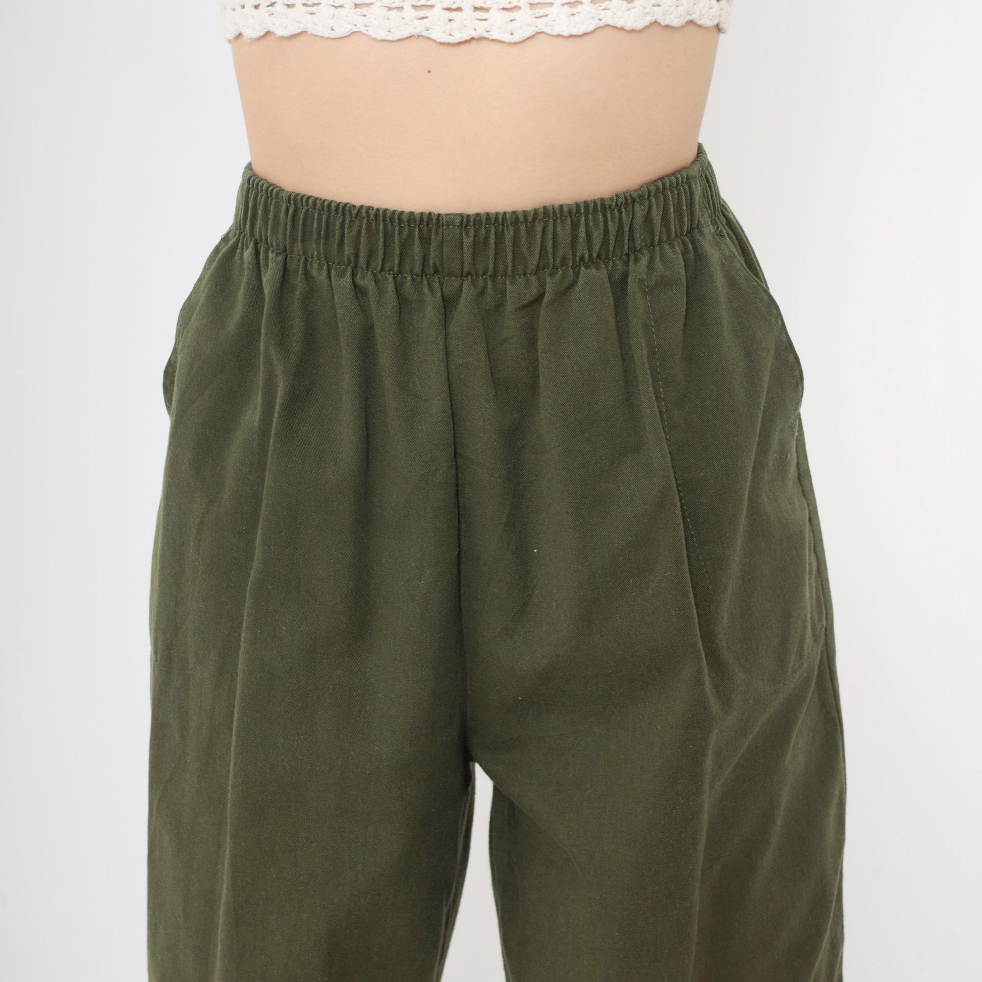 90s Olive Green High-Waist Straight Leg Pants Elastic Waist Small Petite