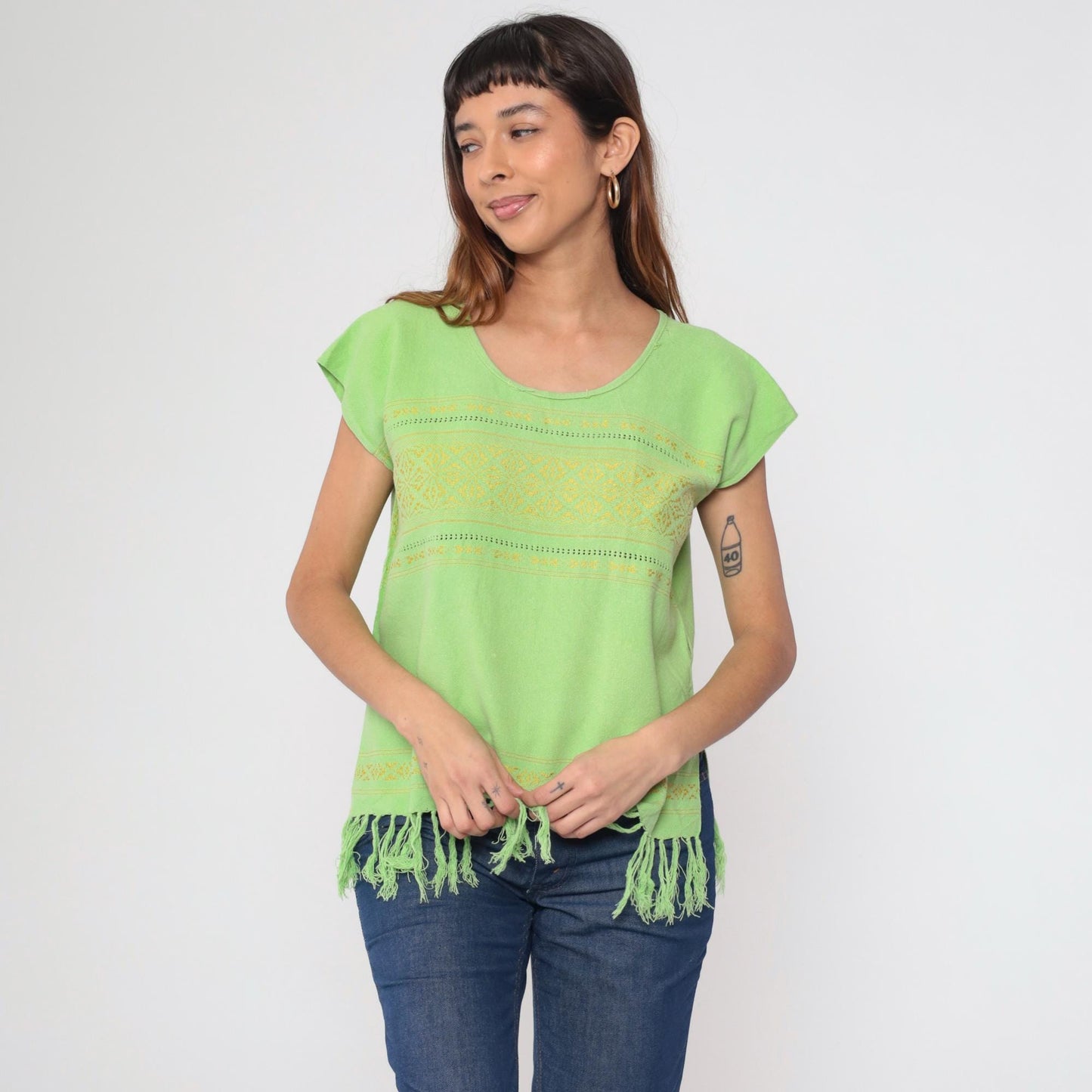 80s Lime Green Embroidered Mexican Tunic Top Geometric Cutwork Cap Sleeve Medium