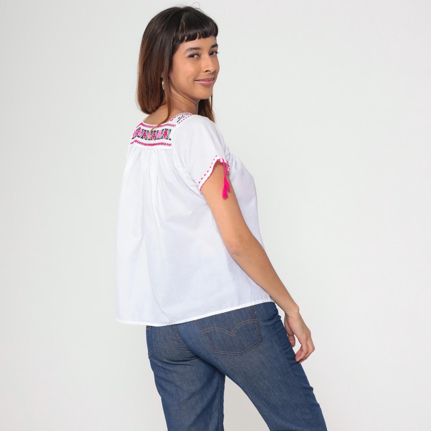 90s Mexican Embroidered Floral Blouse White Pink Square Neck Short Sleeve Small