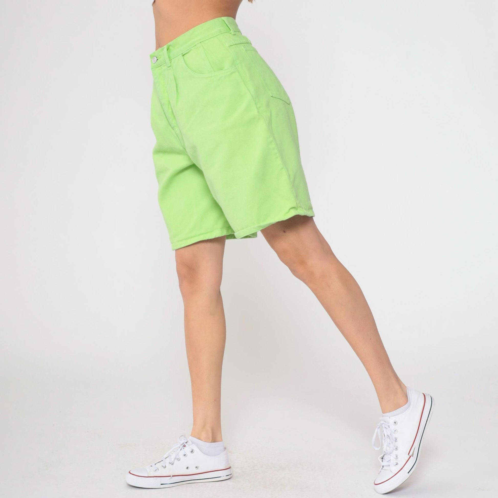 90s Lime Green Denim Shorts High Waist Jean Shorts Cotton Large 12