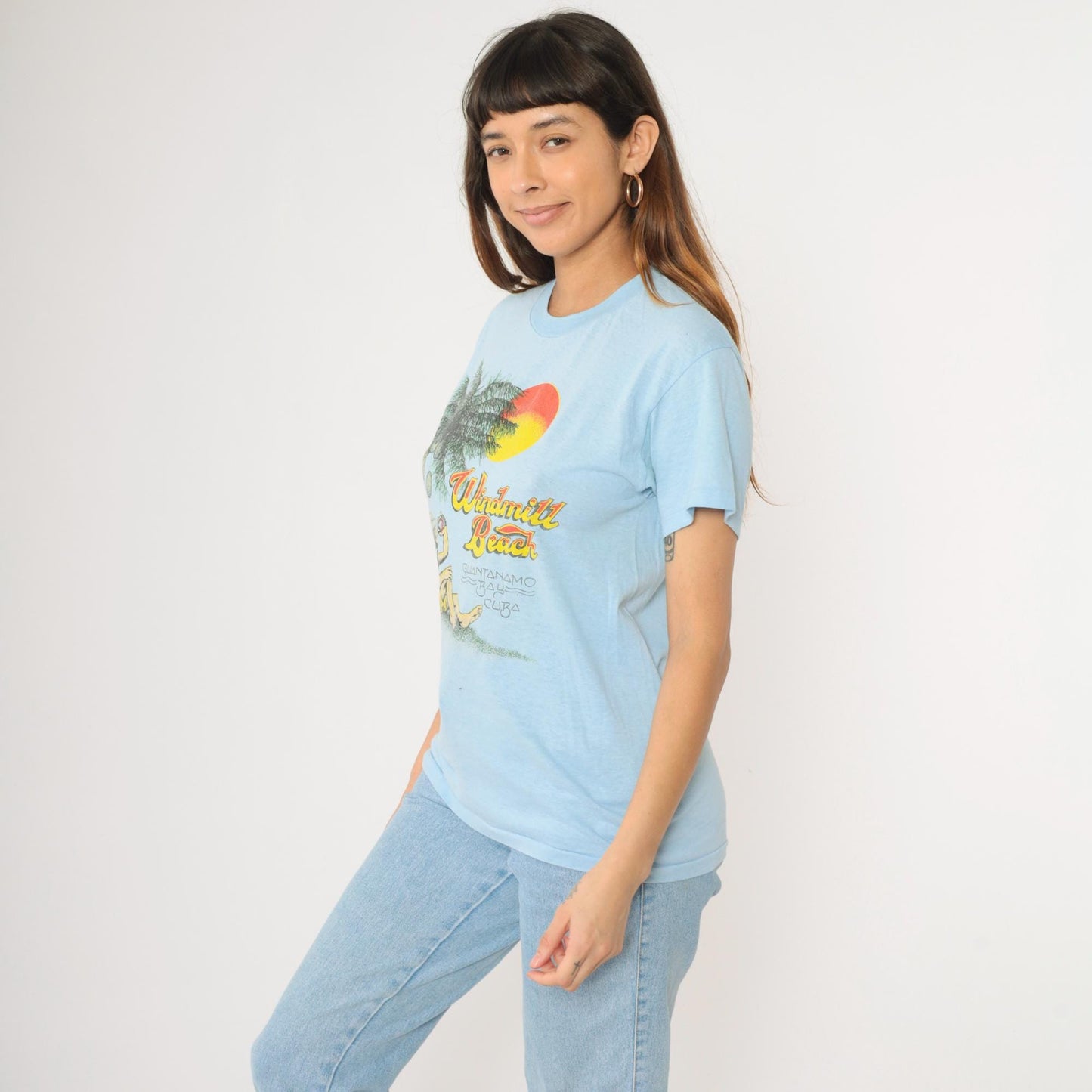 80s Guantanamo Bay Cuba Windmill Beach Graphic T-Shirt Baby Blue Small