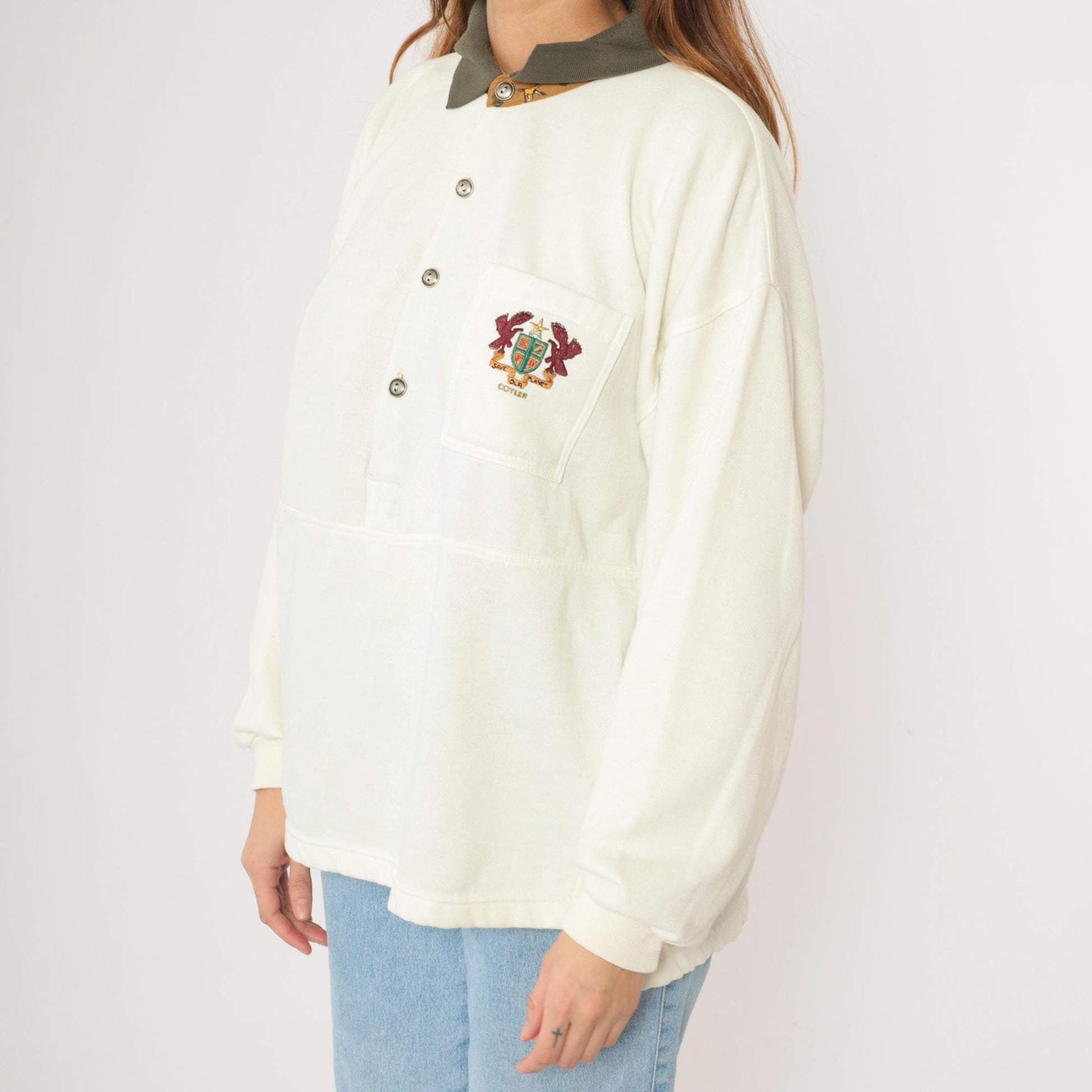 90s Cotler Collared Sweatshirt Embroidered Crest Cream Polo Extra Large XXL