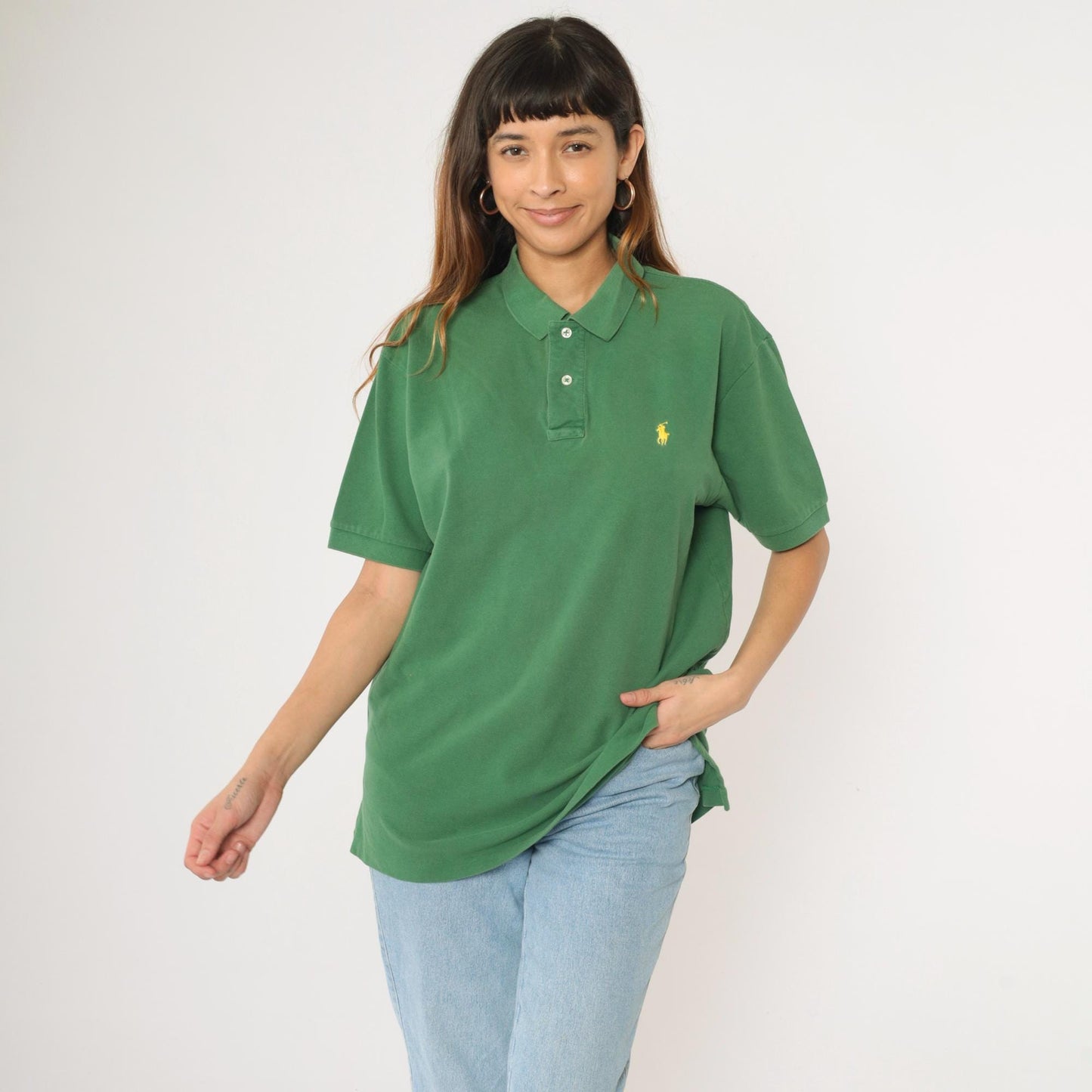 90s Ralph Lauren Polo Shirt Green Cotton Quarter-Button Collared Large L